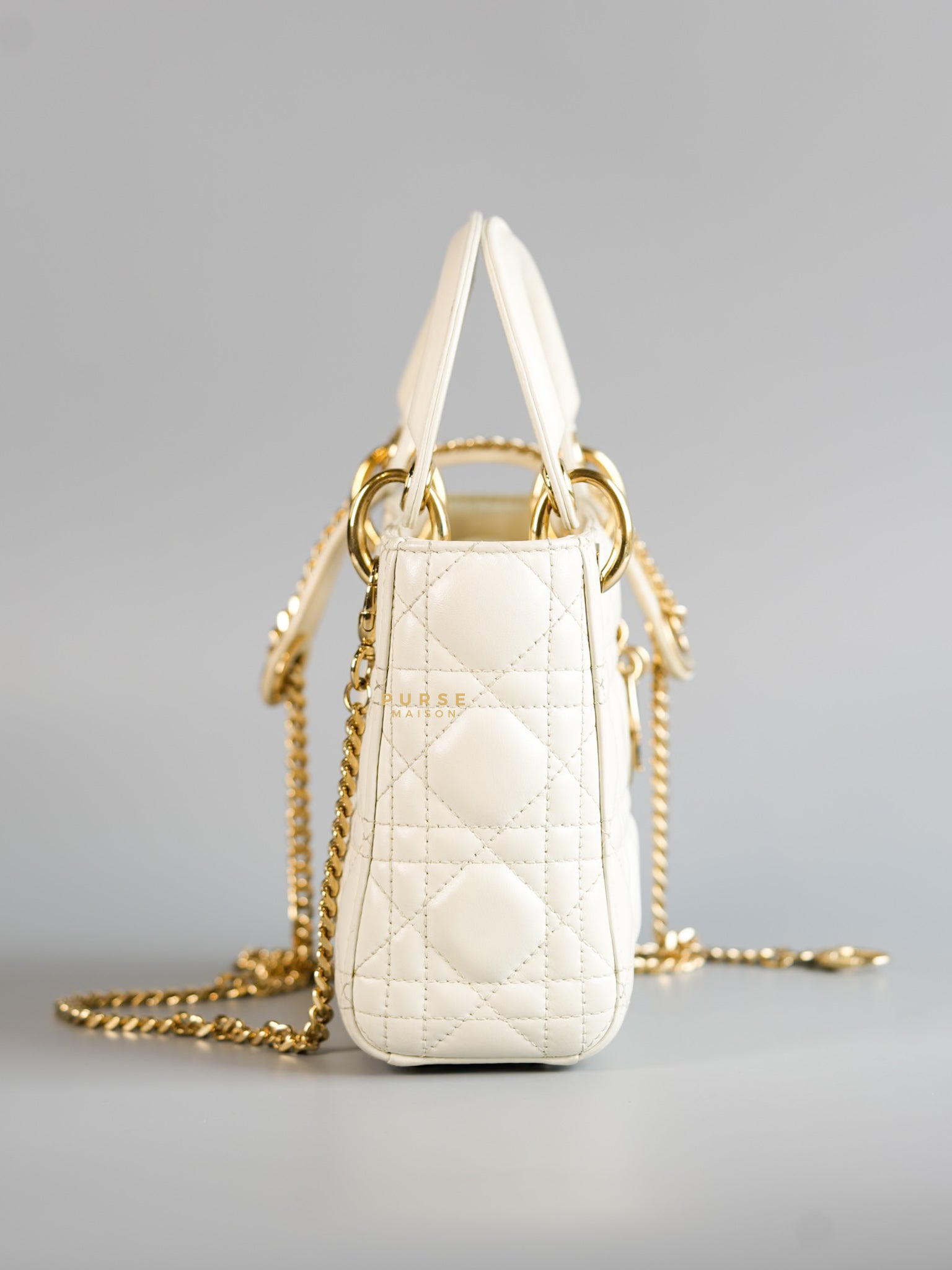 Lady Dior Mini White Lambskin Leather in Light Gold Hardware | Purse Maison Luxury Bags Shop