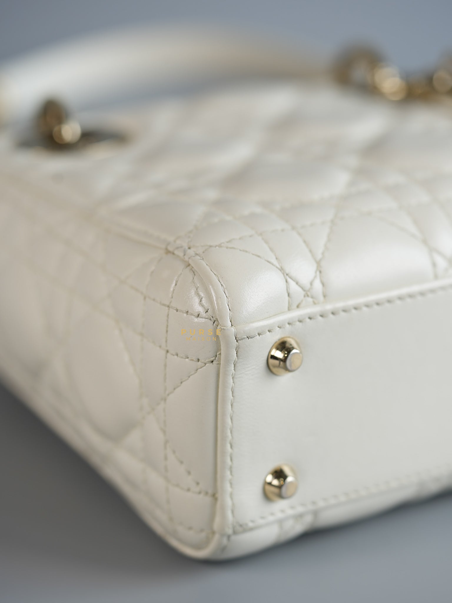 Lady Dior Mini White Lambskin Leather in Light Gold Hardware | Purse Maison Luxury Bags Shop