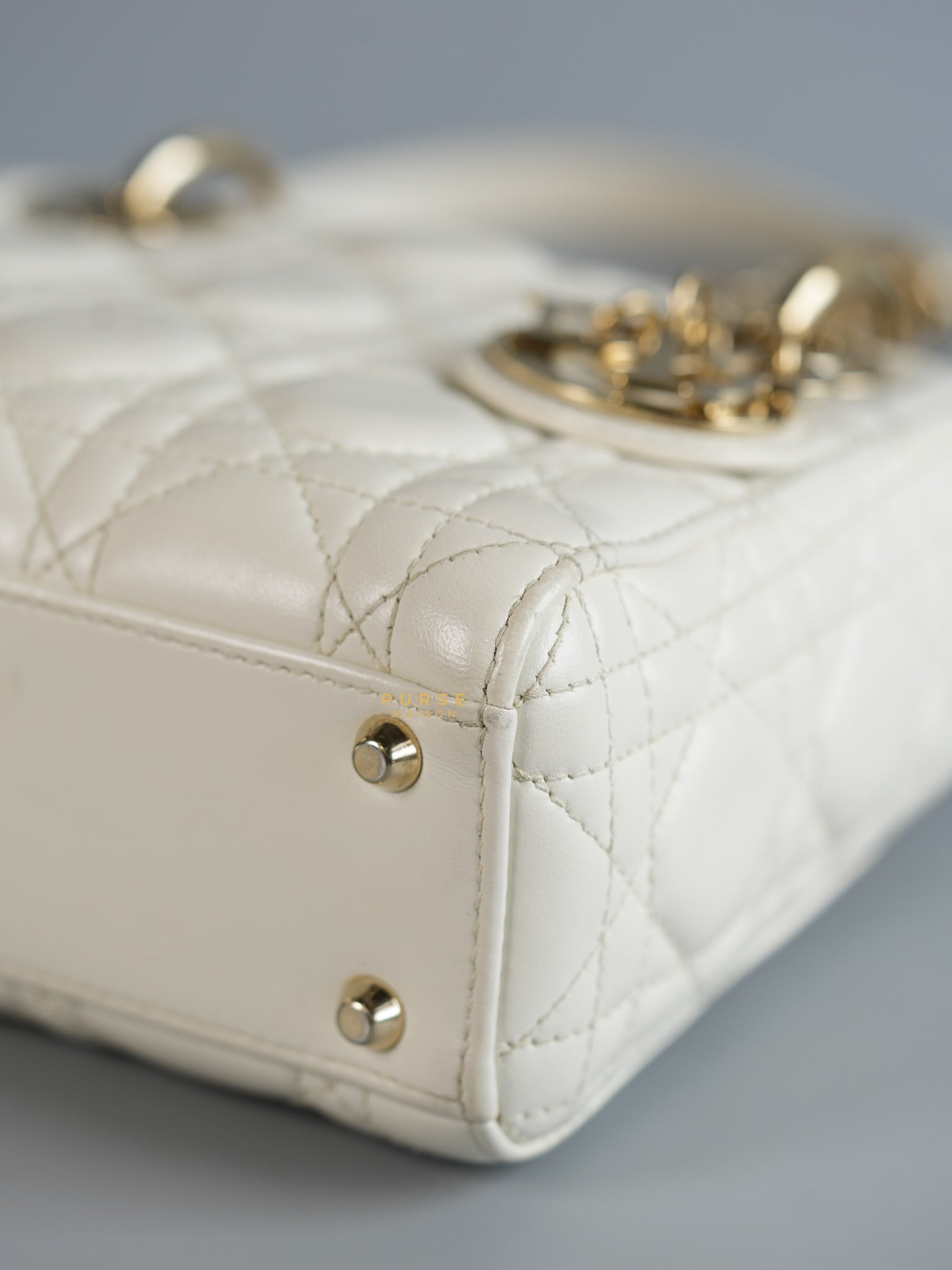 Lady Dior Mini White Lambskin Leather in Light Gold Hardware | Purse Maison Luxury Bags Shop