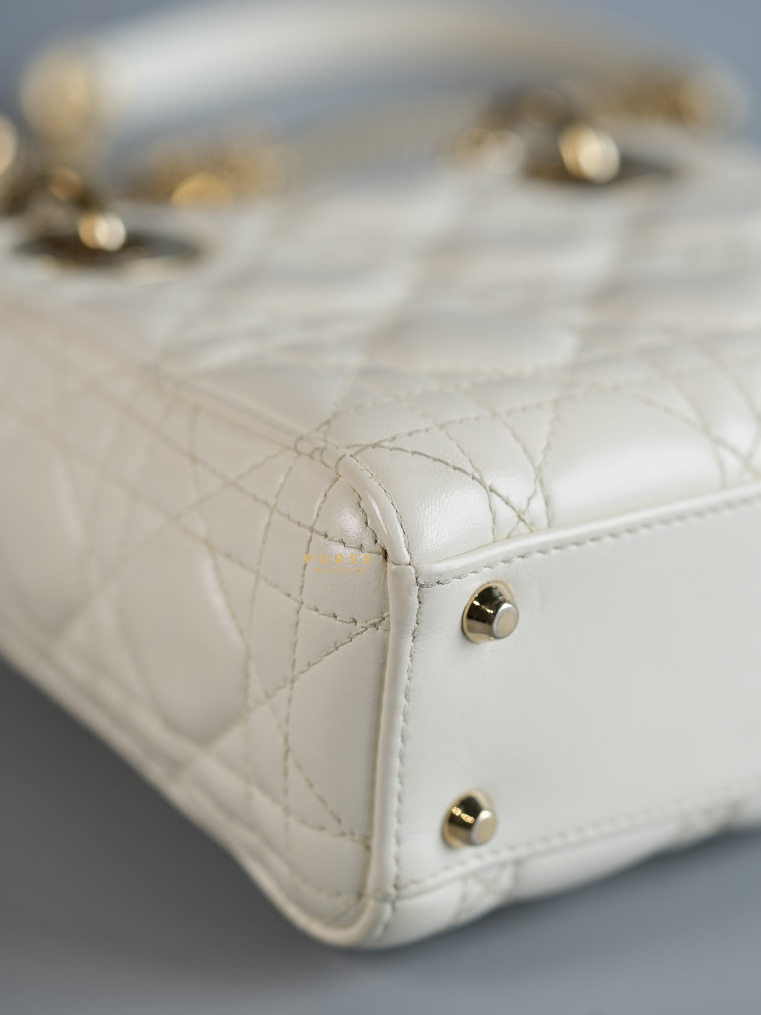 Lady Dior Mini White Lambskin Leather in Light Gold Hardware | Purse Maison Luxury Bags Shop