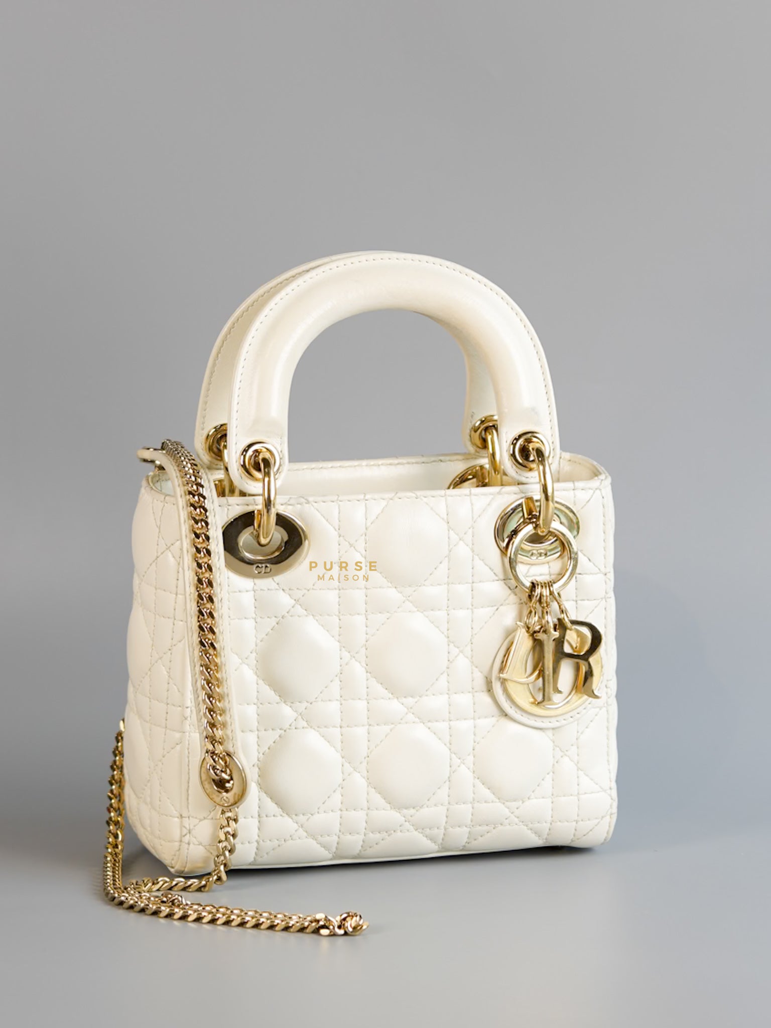 Lady Dior Mini White Lambskin Leather in Light Gold Hardware | Purse Maison Luxury Bags Shop