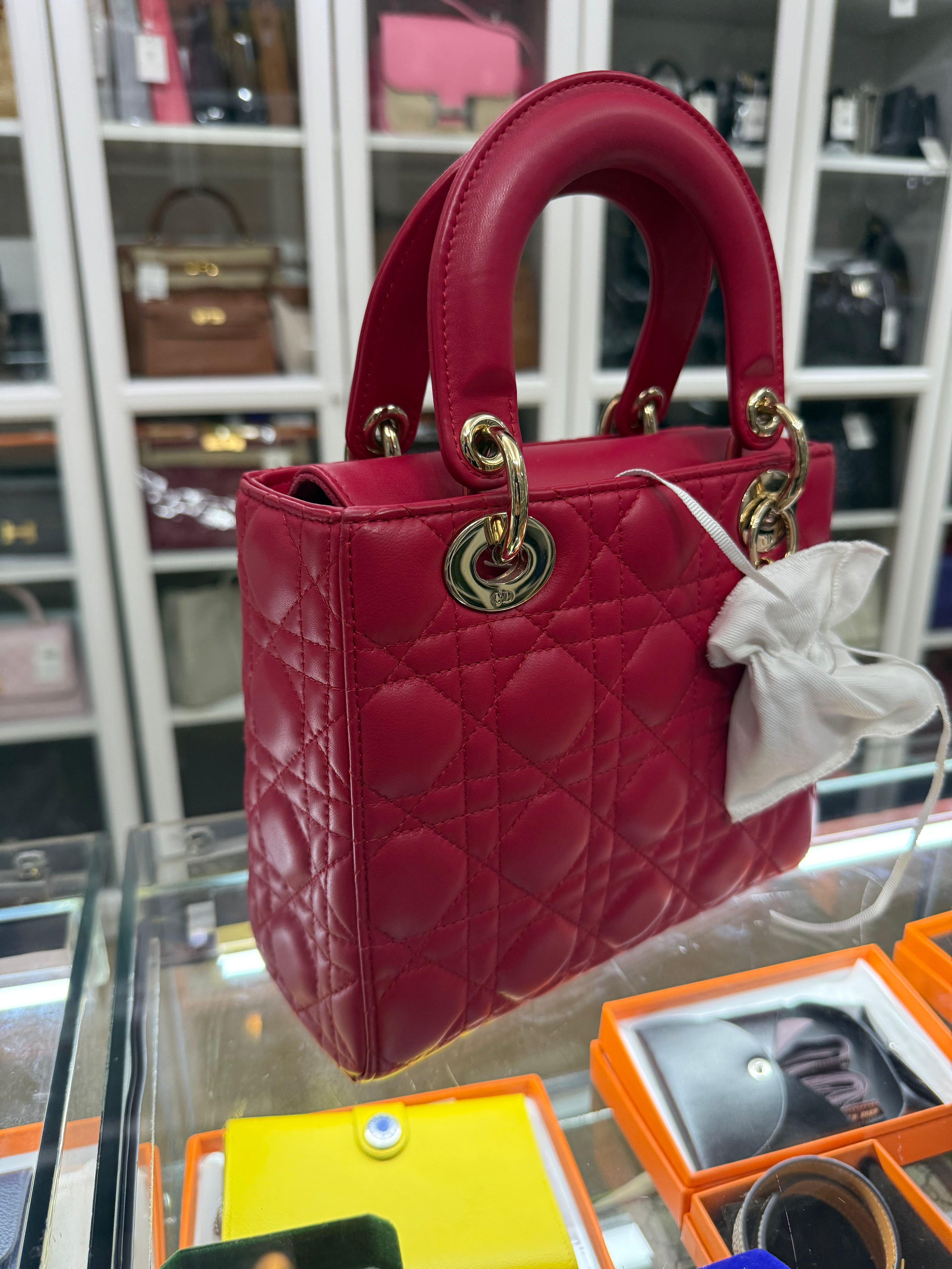 Lady Dior MyABC Small in Cherry Pink Quilted Cannage Lambskin Leather & Gold Hardware | Purse Maison Luxury Bags Shop