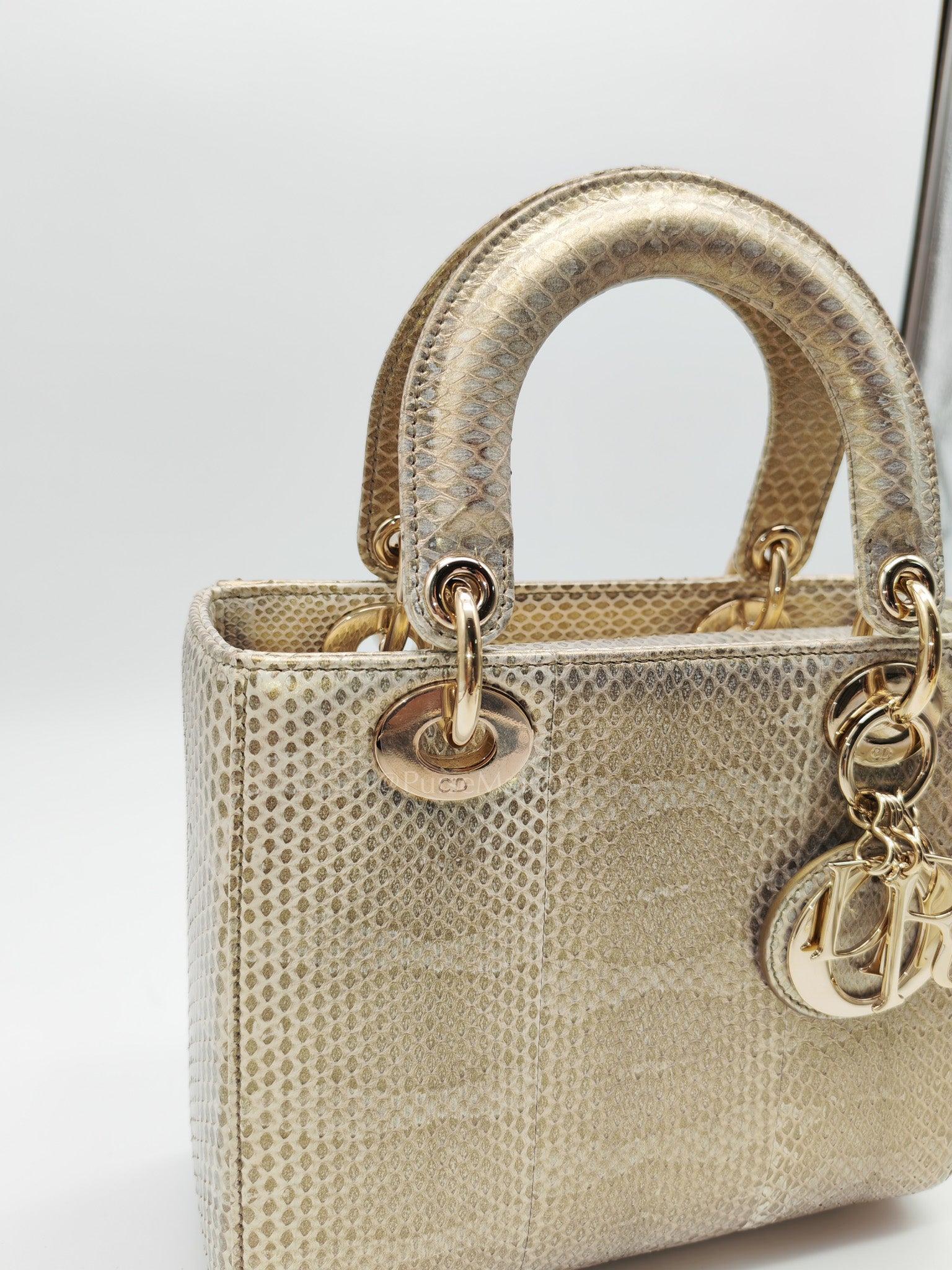 Lady Dior Python Small in Metallic Gold Snakeskin Leather Handbag Light Gold Hardware | Purse Maison Luxury Bags Shop