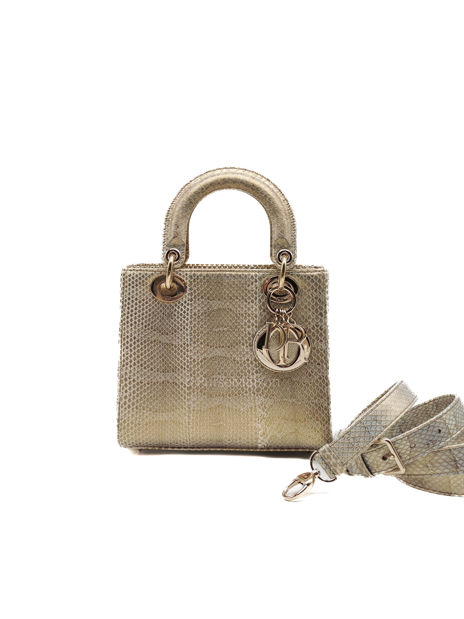 Lady Dior Python Small in Metallic Gold Snakeskin Leather Handbag Light Gold Hardware | Purse Maison Luxury Bags Shop