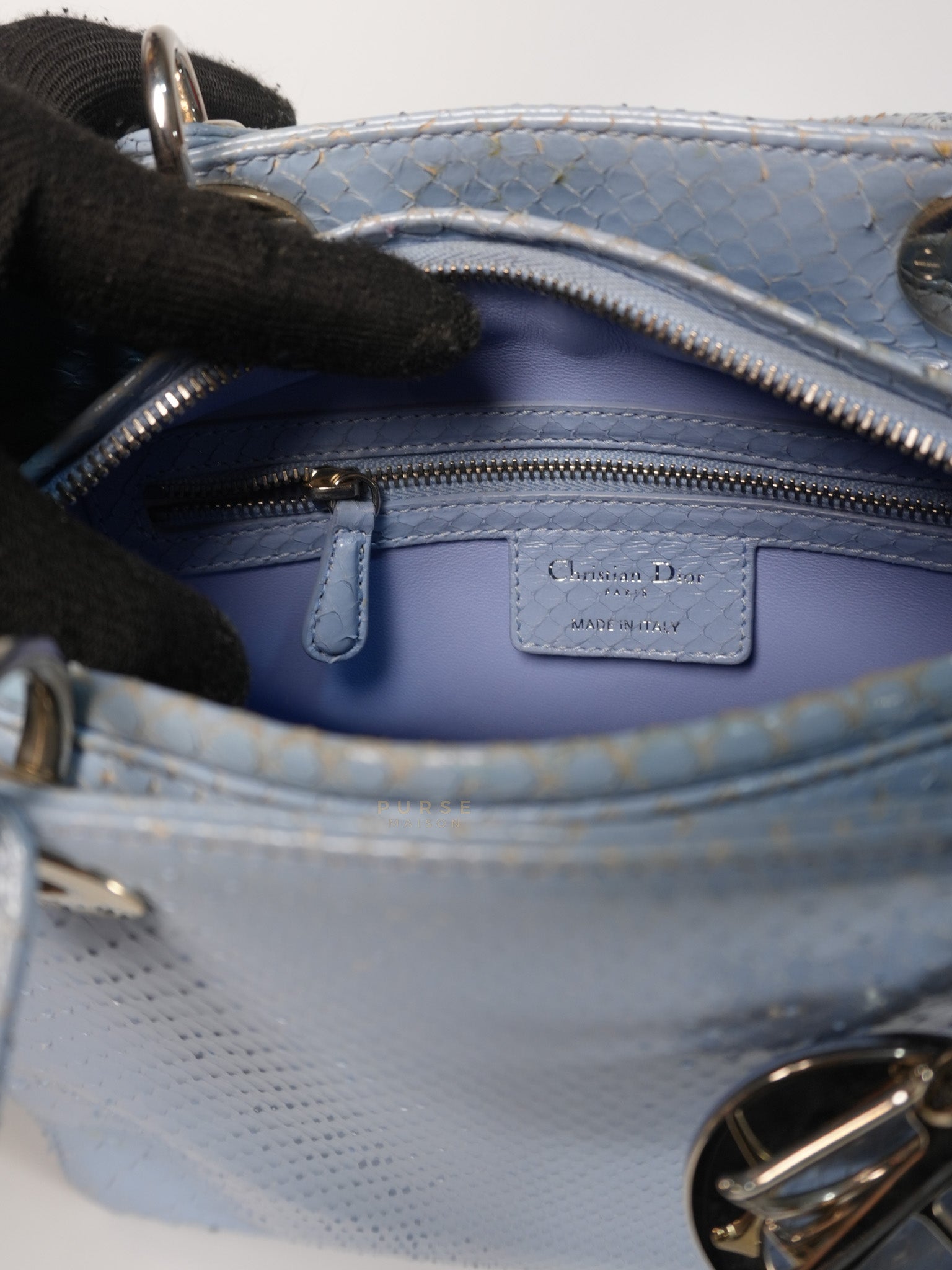 Lady Dior Python Small in Sky Blue Silver Hardware | Purse Maison Luxury Bags Shop