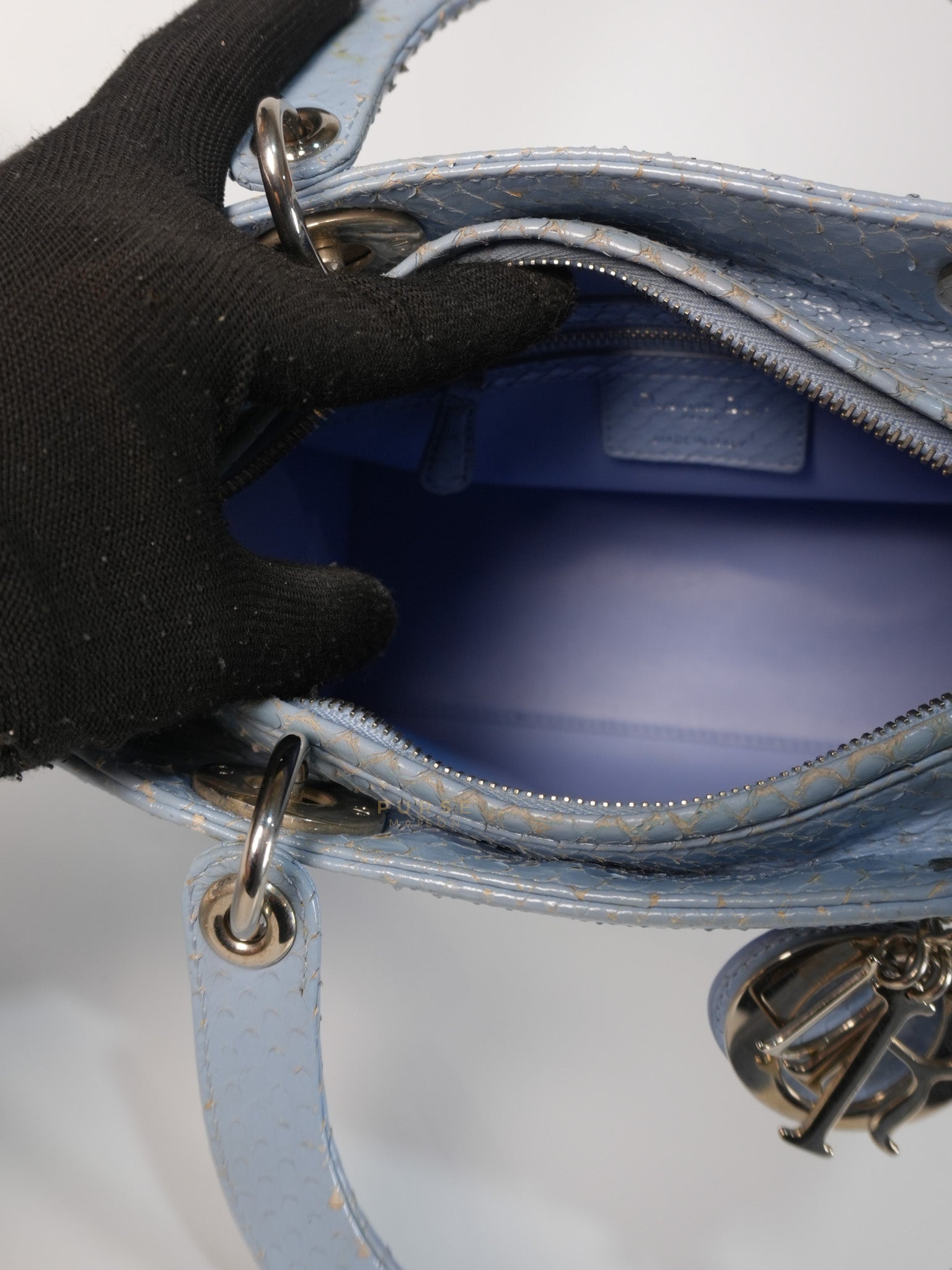 Lady Dior Python Small in Sky Blue Silver Hardware | Purse Maison Luxury Bags Shop