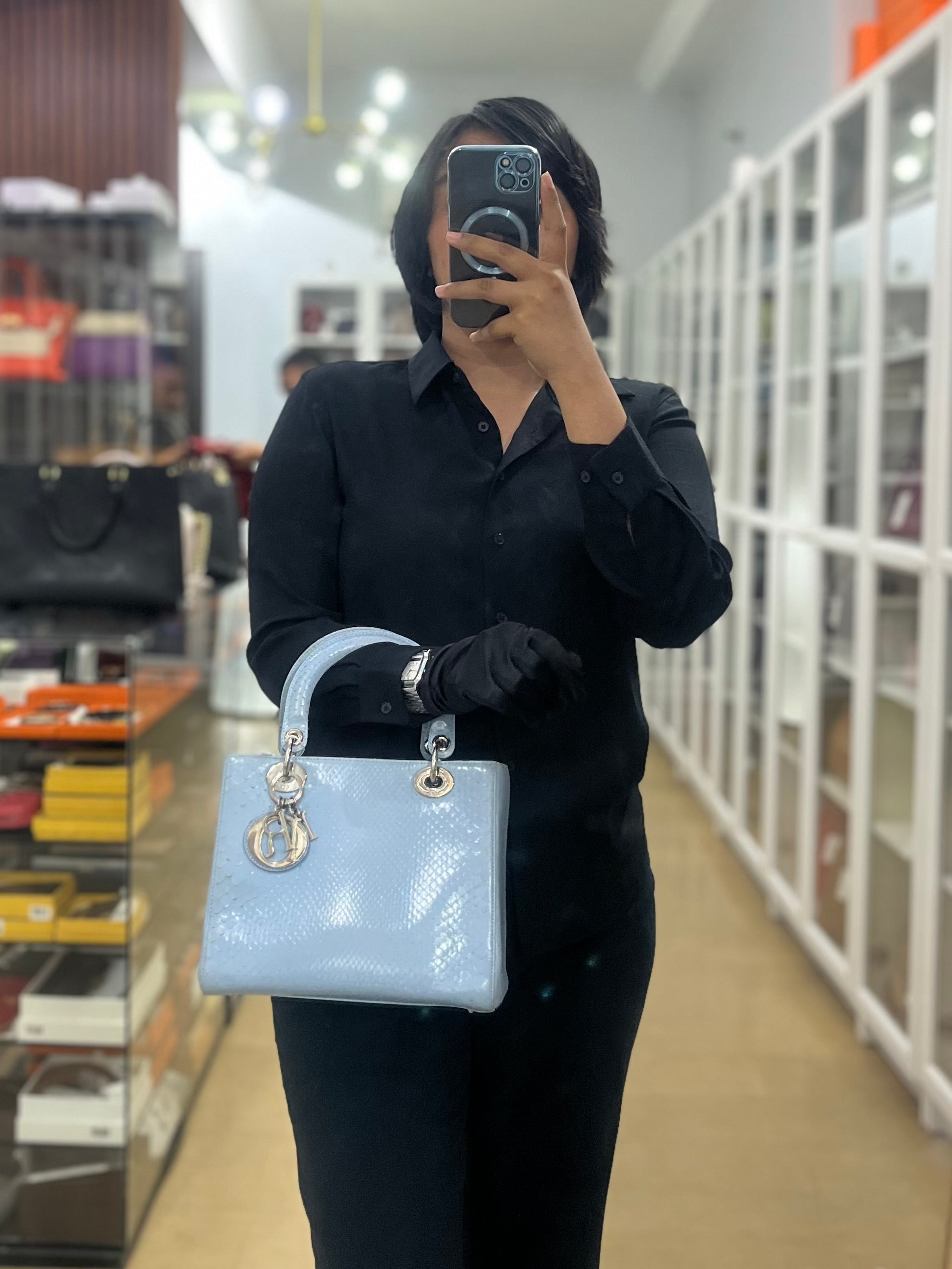 Lady Dior Python Small in Sky Blue Silver Hardware | Purse Maison Luxury Bags Shop