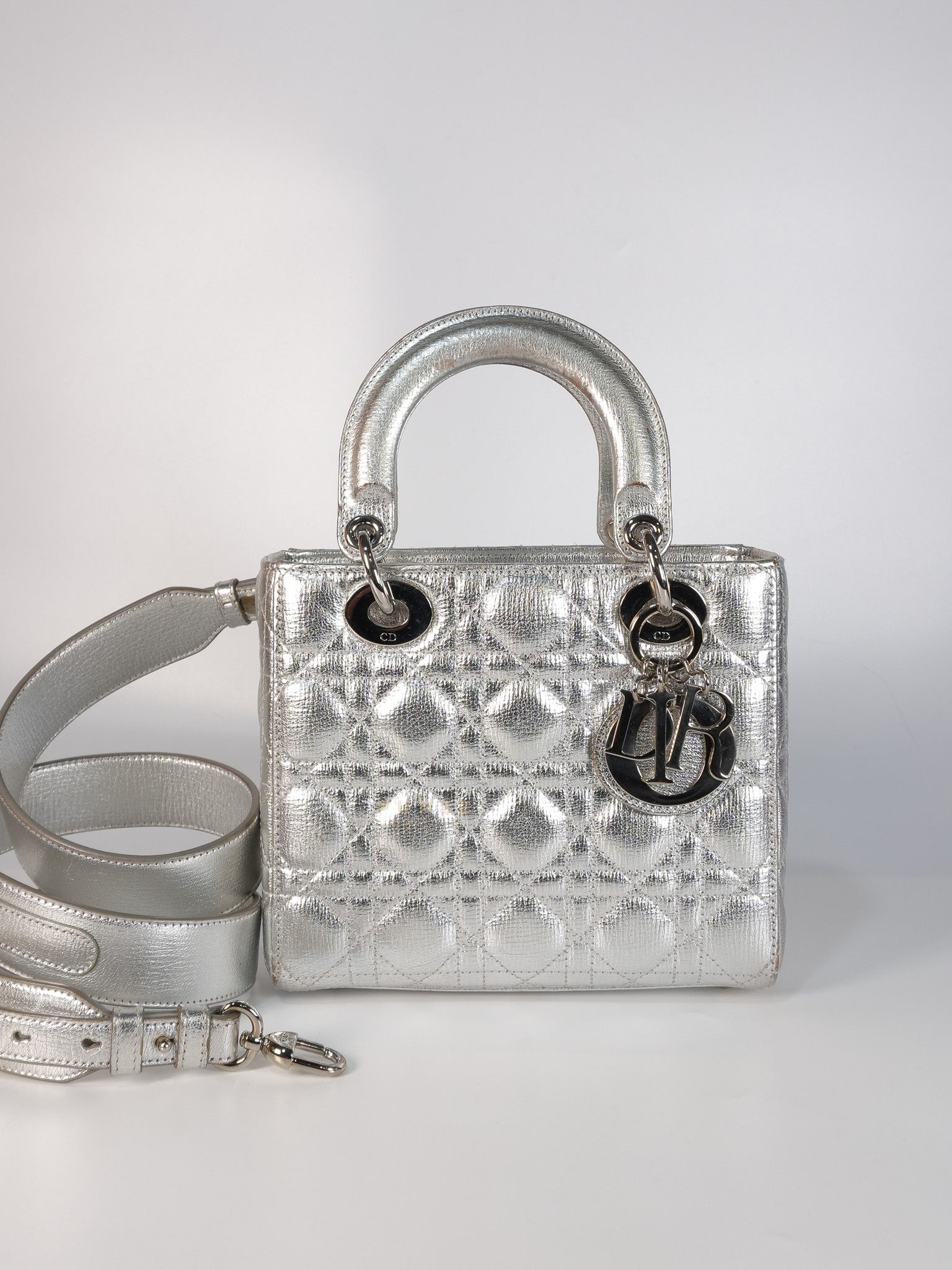 Lady Dior Small ADCDior Metallic Silver Grained Calfskin Leather | Purse Maison Luxury Bags Shop