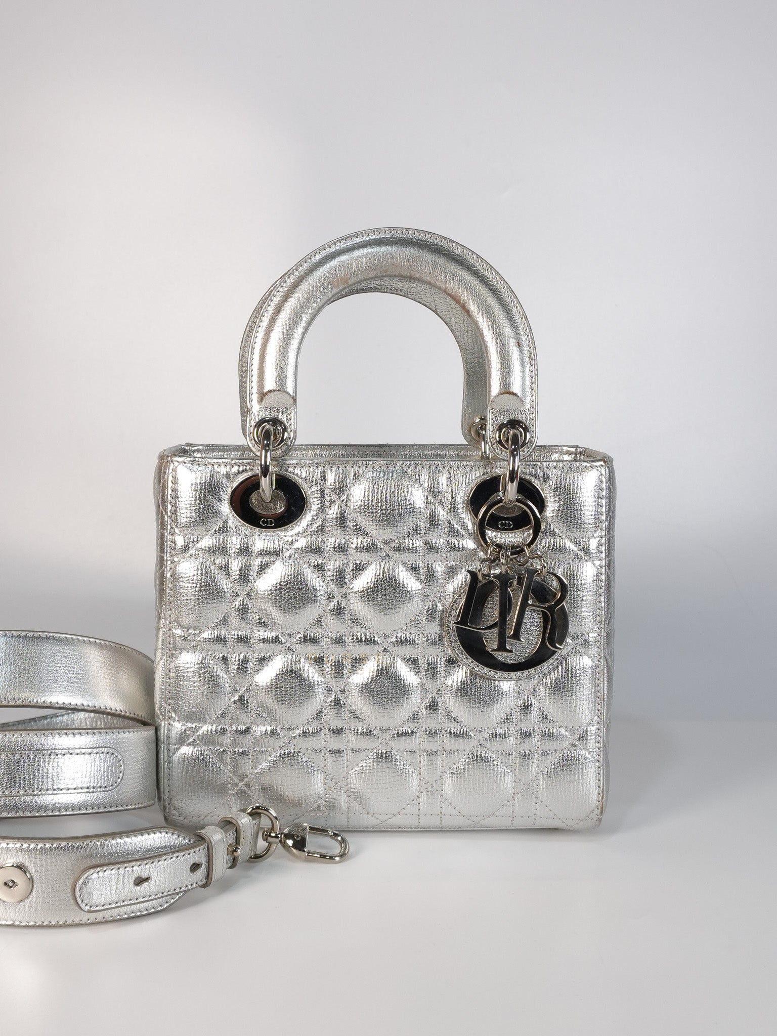 Lady Dior Small ADCDior Metallic Silver Grained Calfskin Leather | Purse Maison Luxury Bags Shop