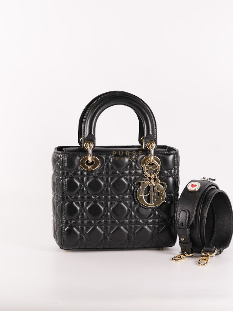 Lady Dior Small Lucky Badges in Black Cannage Lambskin Leather and Light Gold Hardware | Purse Maison Luxury Bags Shop