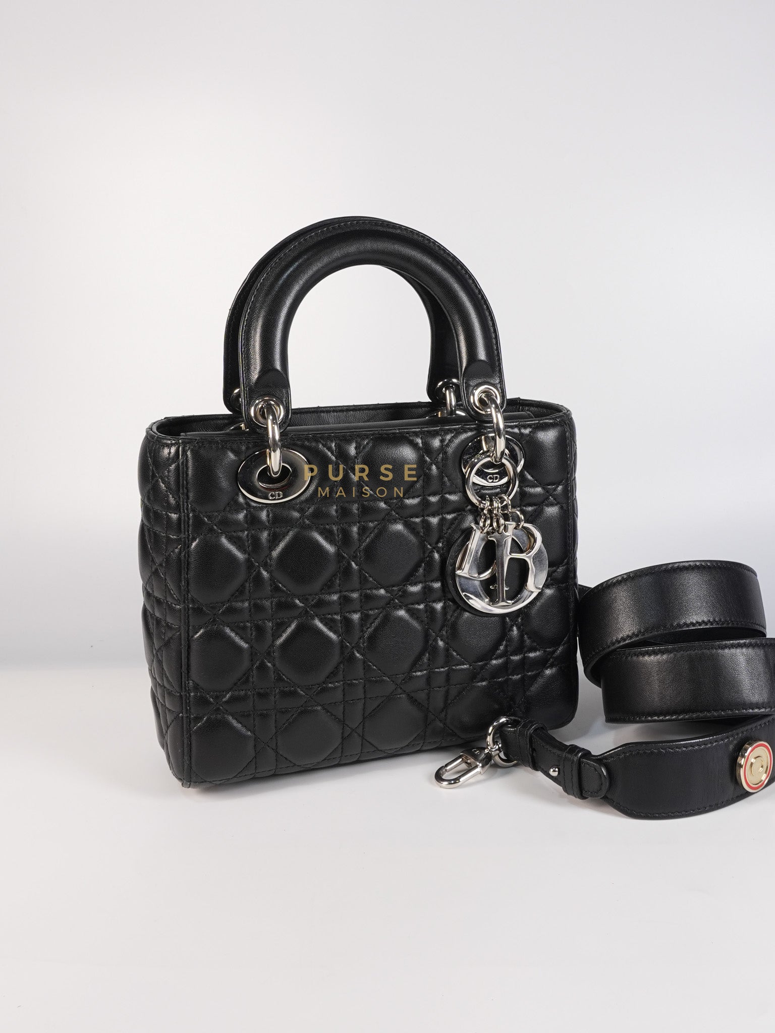 Lady Dior Small Lucky Badges in Black Lambskin Leather and Silver Hardware | Purse Maison Luxury Bags Shop