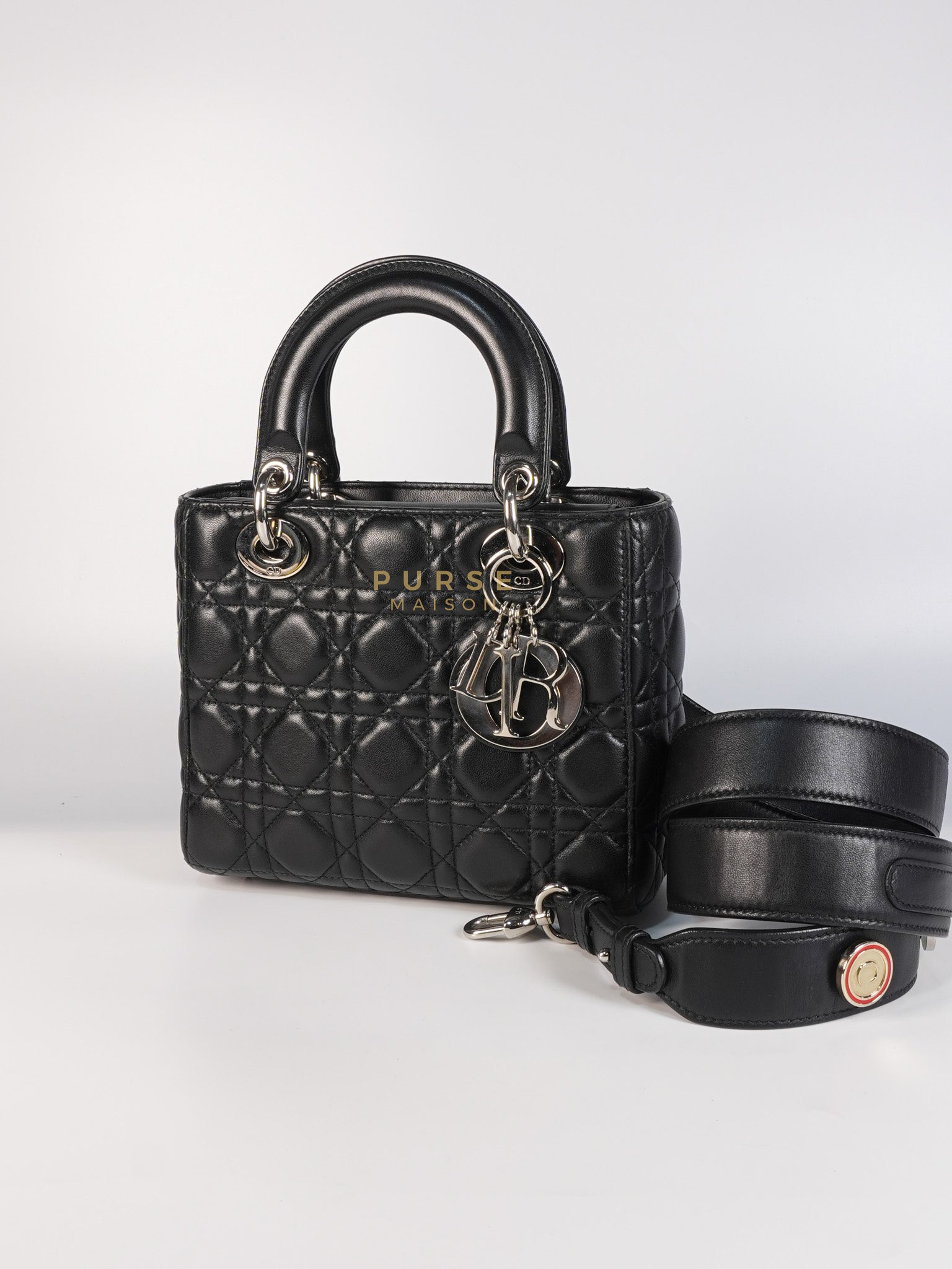 Lady Dior Small Lucky Badges in Black Lambskin Leather and Silver Hardware | Purse Maison Luxury Bags Shop