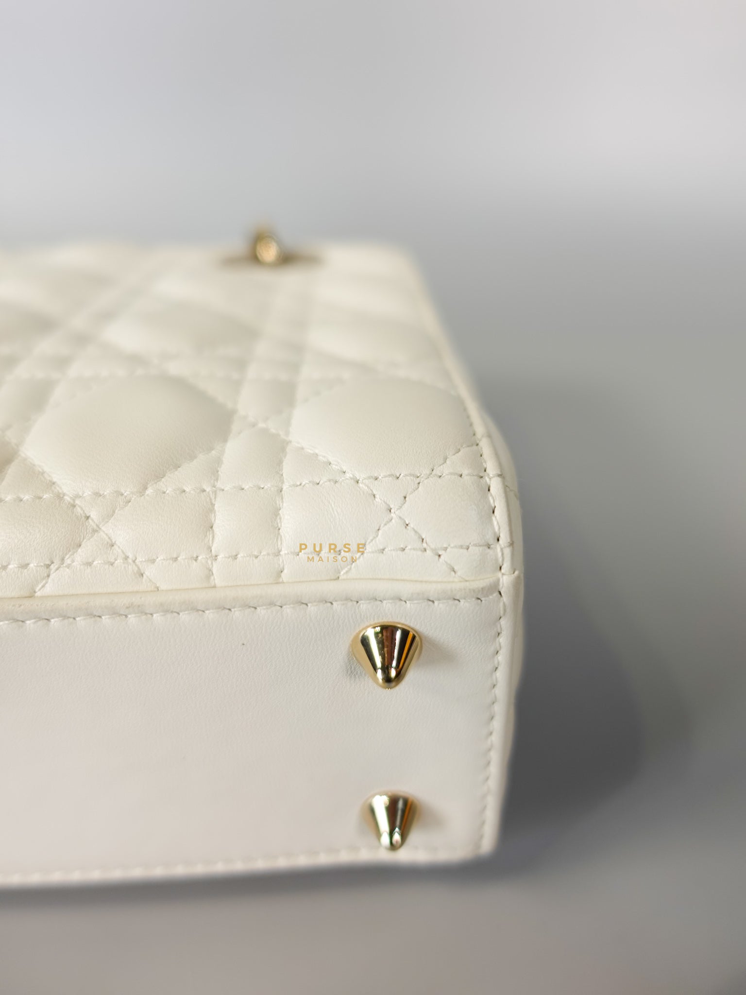 Lady Dior Small White Lambskin Leather in Light Gold Hardware | Purse Maison Luxury Bags Shop