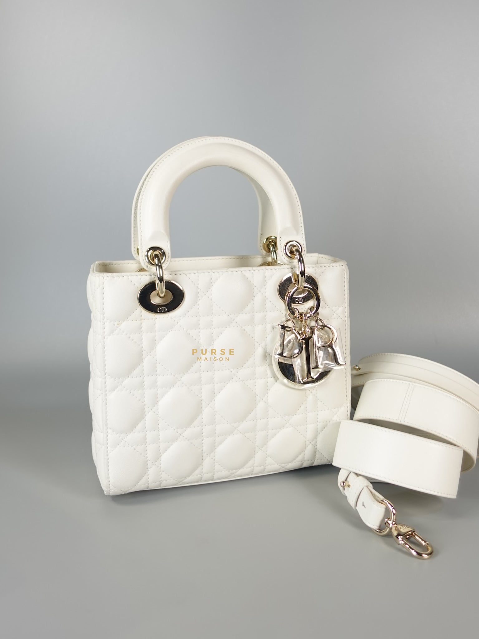 Lady Dior Small White Lambskin Leather in Light Gold Hardware | Purse Maison Luxury Bags Shop