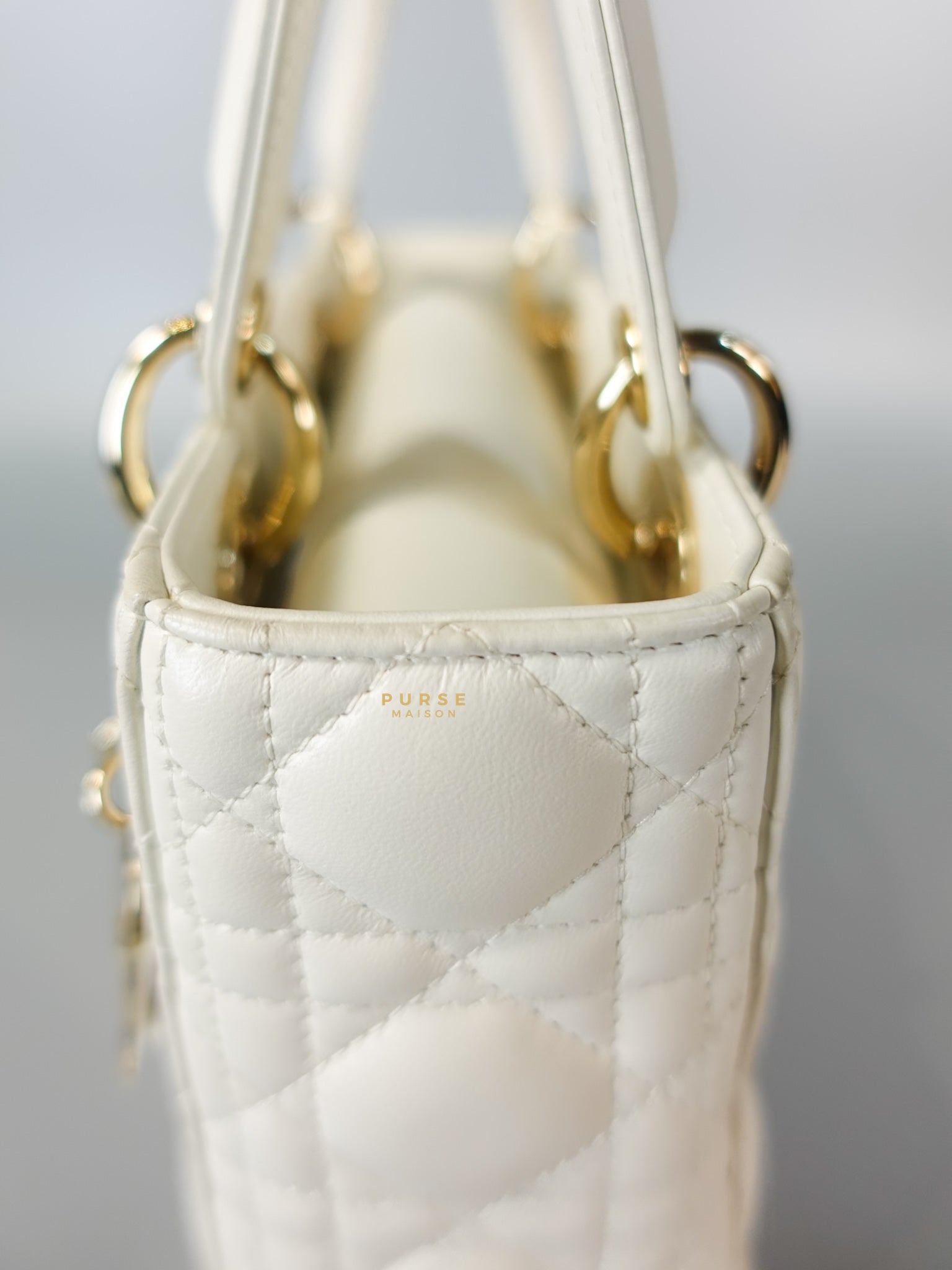 Lady Dior Small White Lambskin Leather in Light Gold Hardware | Purse Maison Luxury Bags Shop