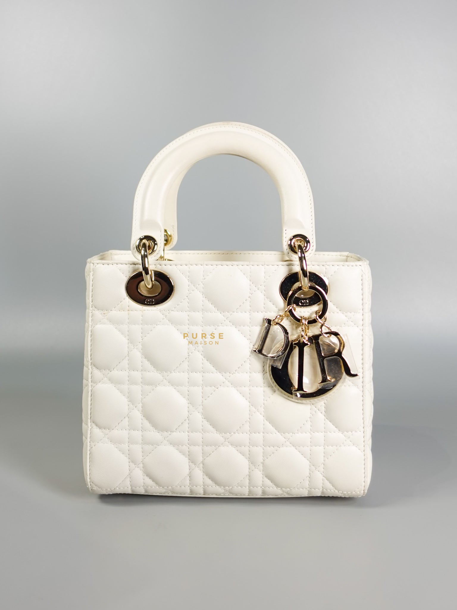 Lady Dior Small White Lambskin Leather in Light Gold Hardware | Purse Maison Luxury Bags Shop