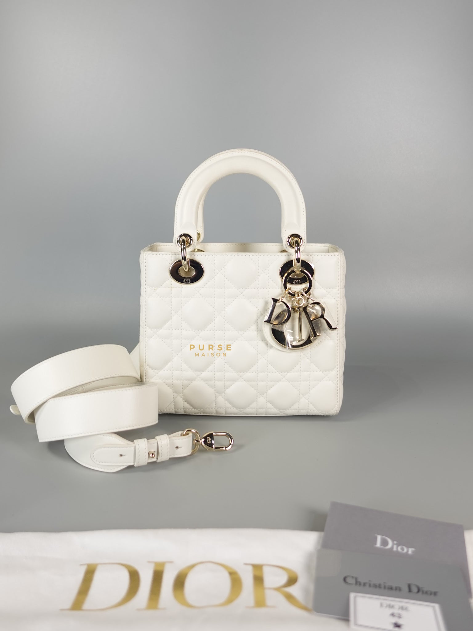 Lady Dior Small White Lambskin Leather in Light Gold Hardware | Purse Maison Luxury Bags Shop