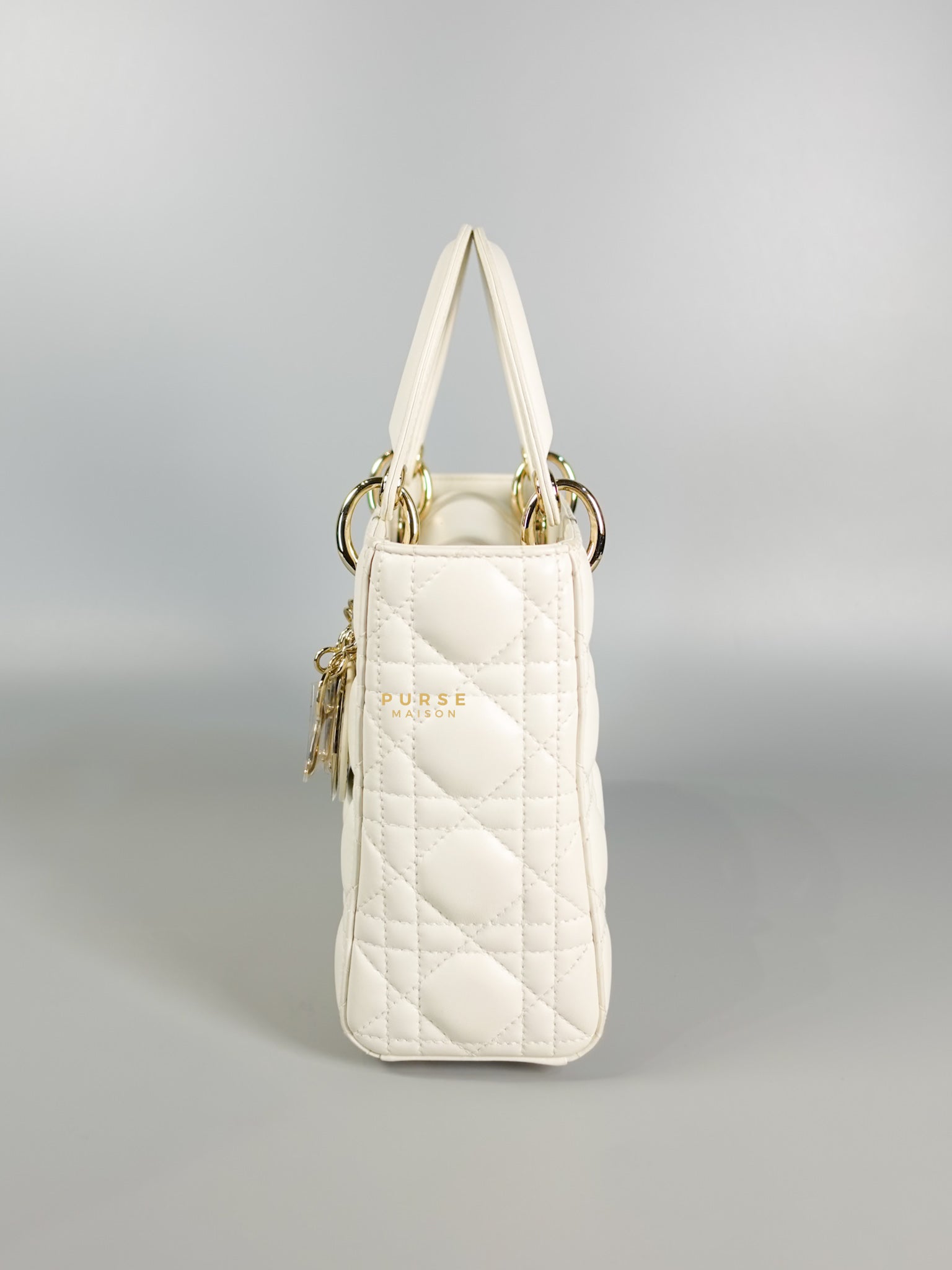 Lady Dior Small White Lambskin Leather in Light Gold Hardware | Purse Maison Luxury Bags Shop