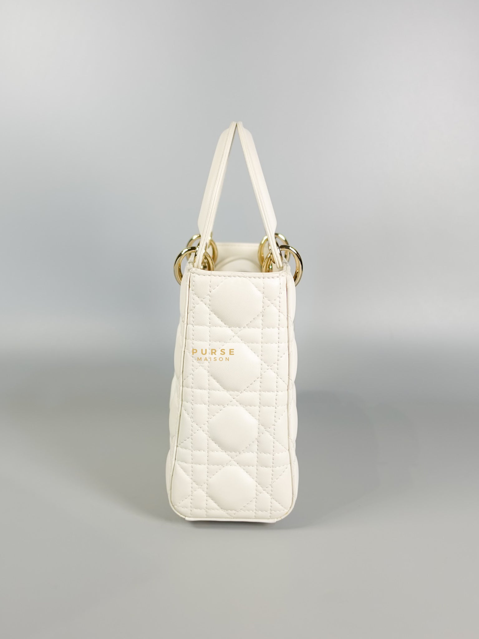 Lady Dior Small White Lambskin Leather in Light Gold Hardware | Purse Maison Luxury Bags Shop