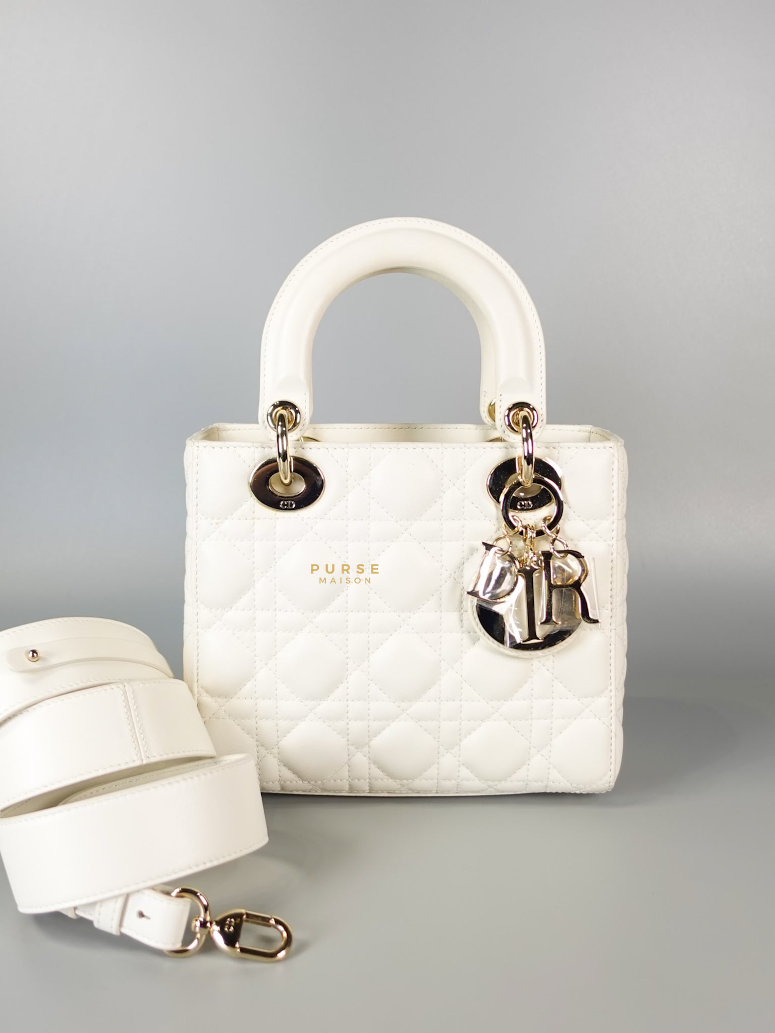 Lady Dior Small White Lambskin Leather in Light Gold Hardware | Purse Maison Luxury Bags Shop