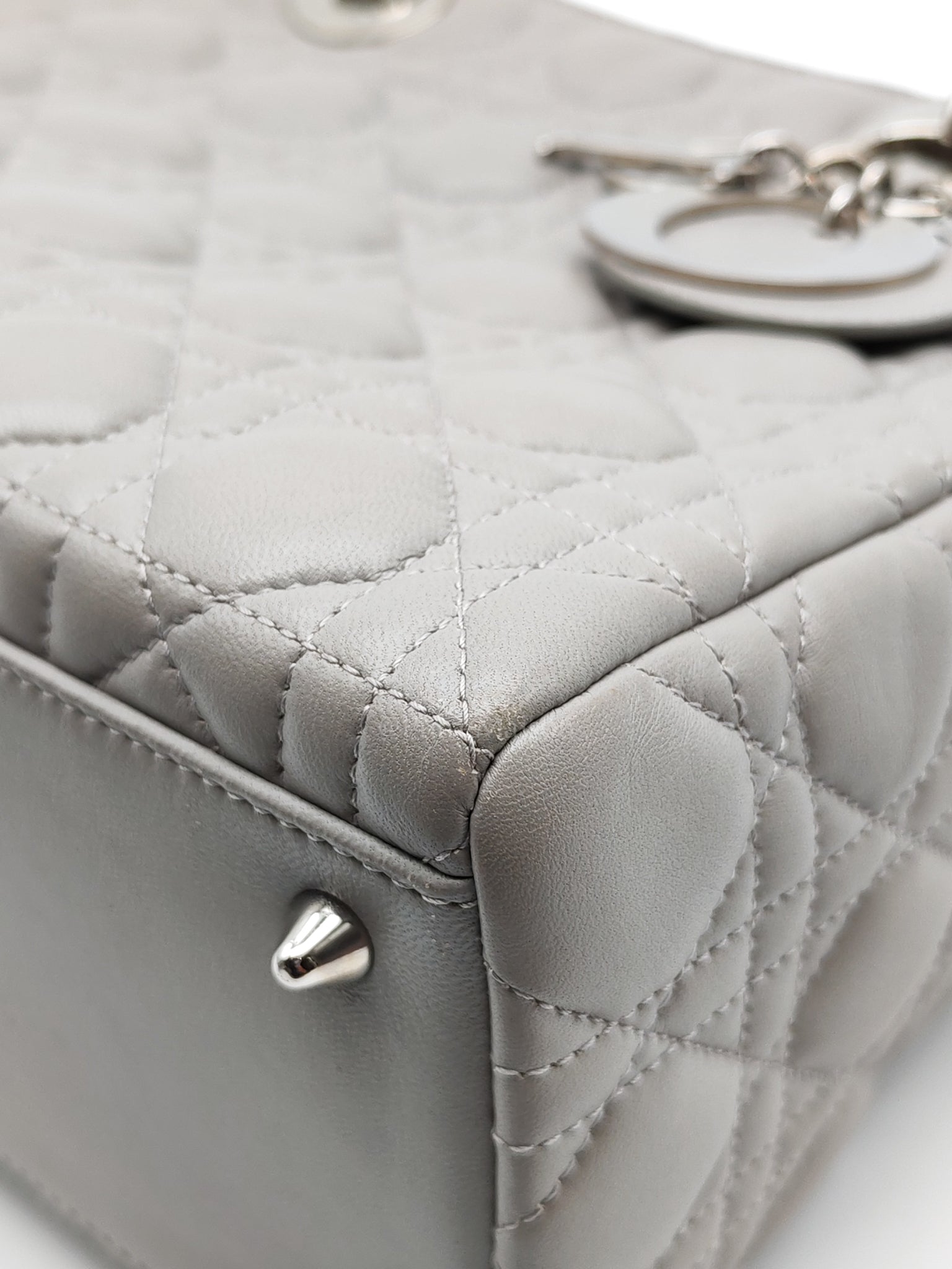 Lady Dior Vintage Medium in Gray Quilted Cannage Lambskin Leather & Silver Hardware | Purse Maison Luxury Bags Shop