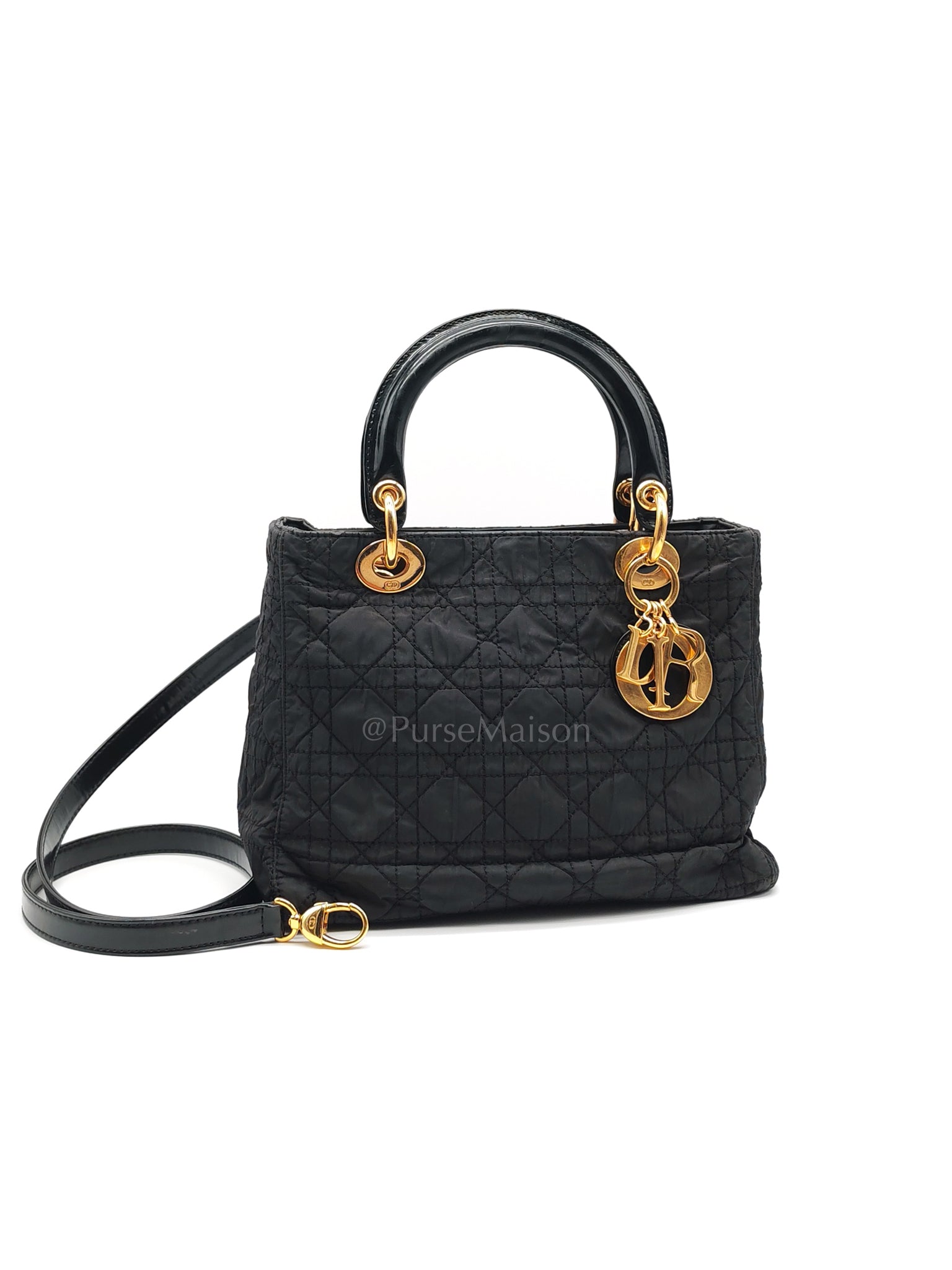 Lady Dior Vintage Medium in Nylon & Patent Leather Handle Gold Hardware | Purse Maison Luxury Bags Shop