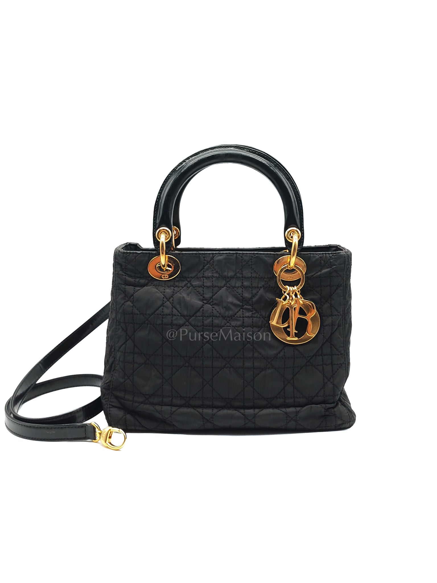 Lady Dior Vintage Medium in Nylon & Patent Leather Handle Gold Hardware | Purse Maison Luxury Bags Shop