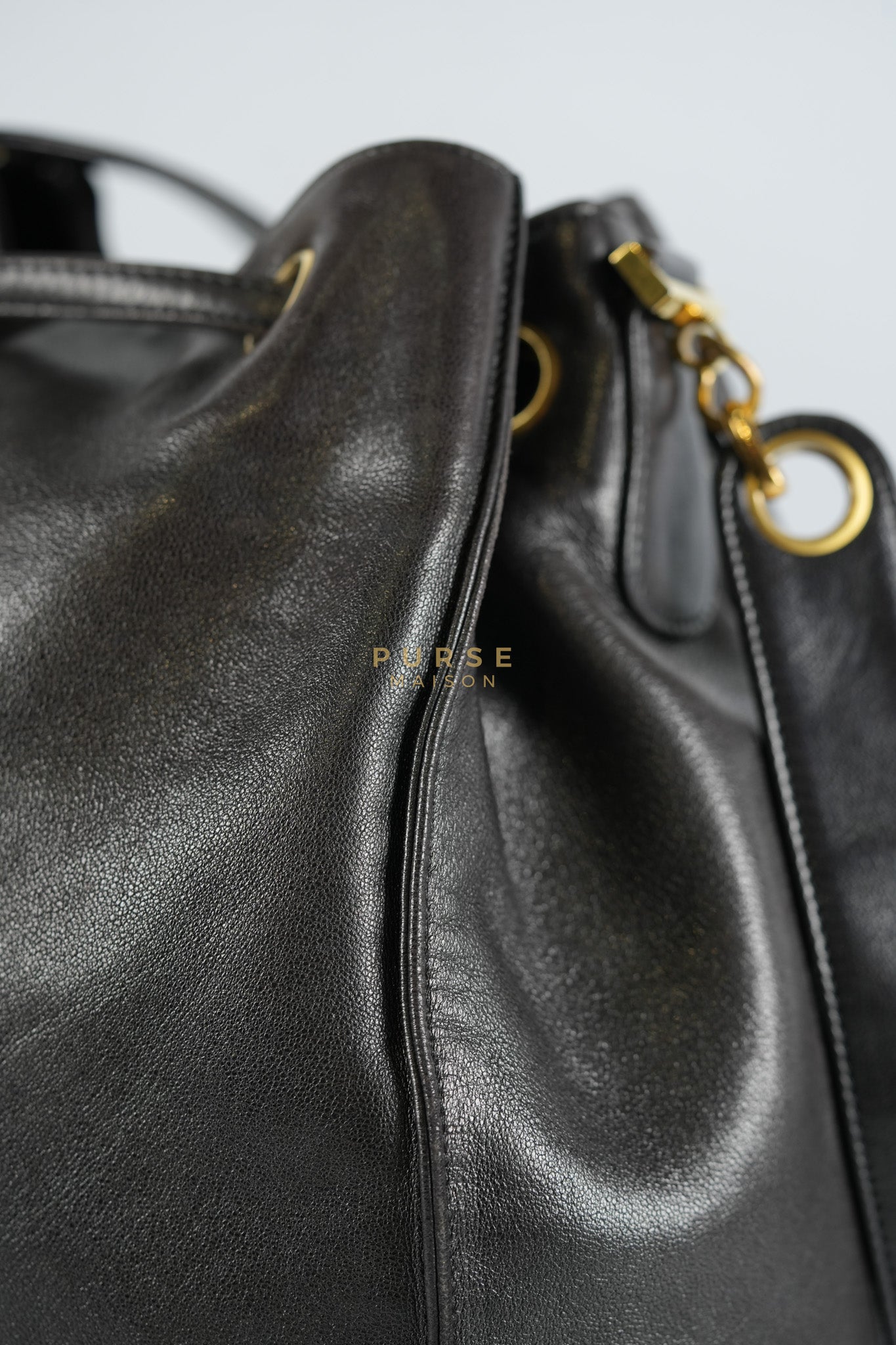 Lambskin CC Stitched Drawstring Bucket Bag in Gold Hardware Series 7 | Purse Maison Luxury Bags Shop