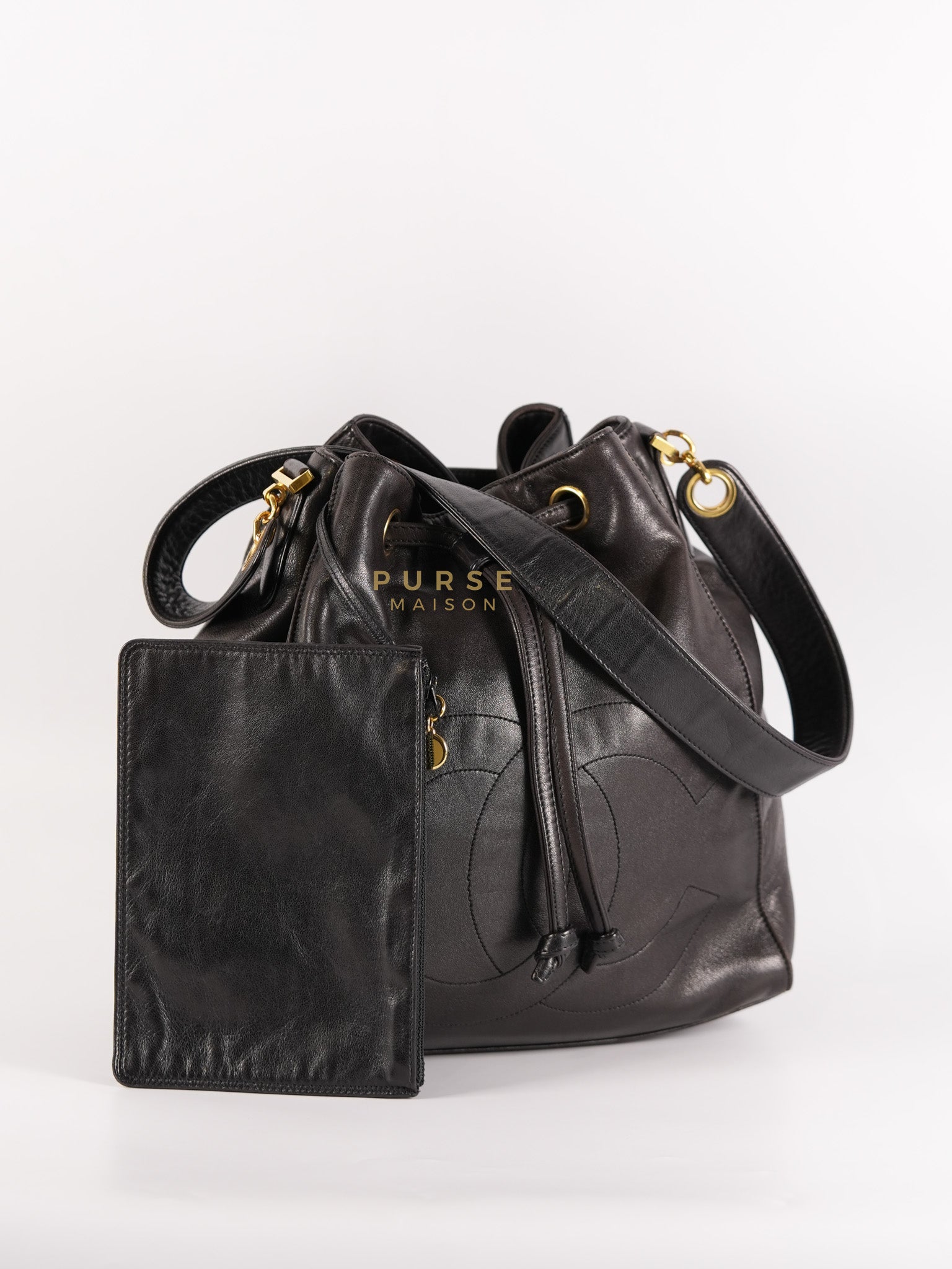 Lambskin CC Stitched Drawstring Bucket Bag in Gold Hardware Series 7 | Purse Maison Luxury Bags Shop
