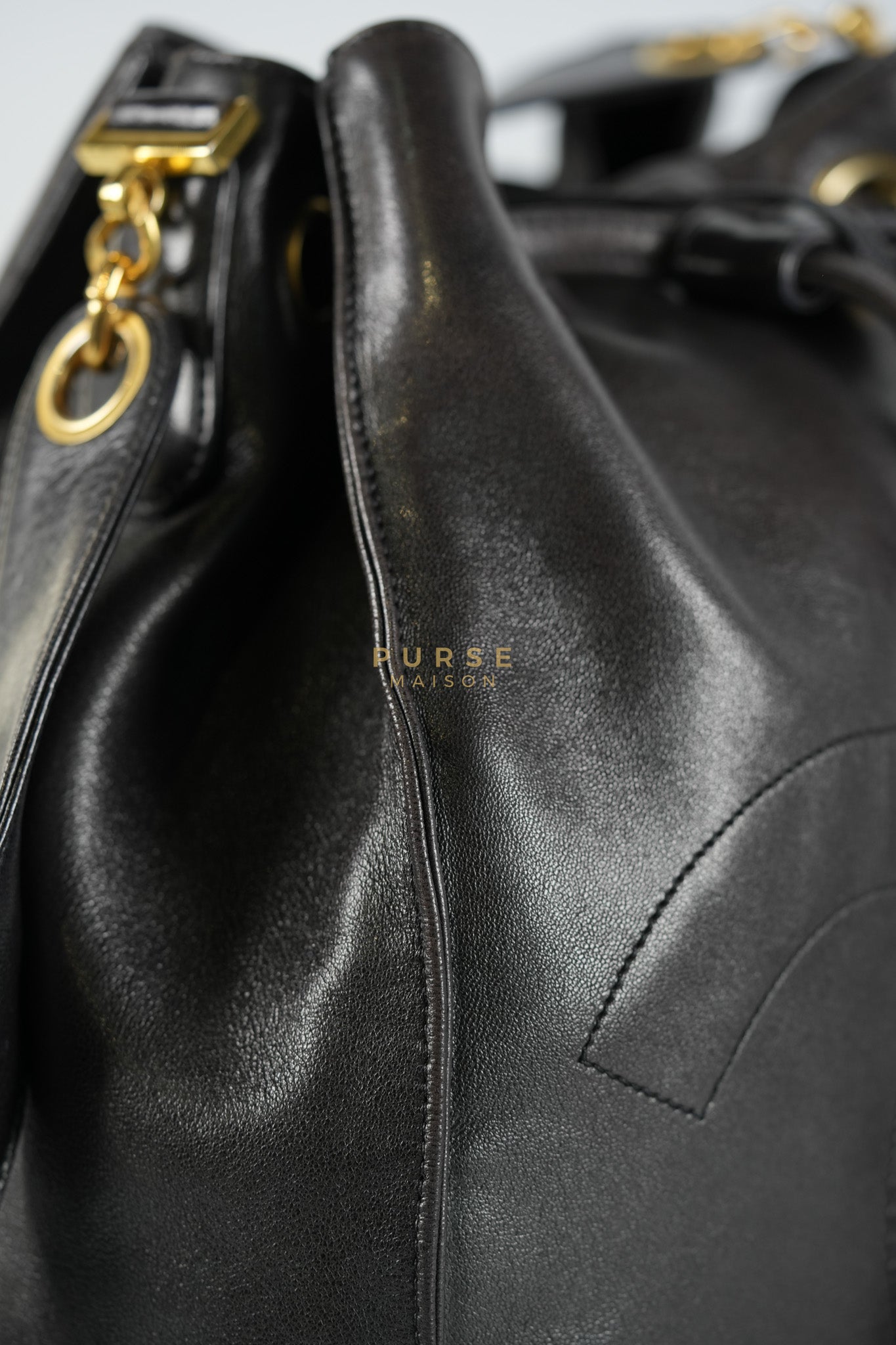 Lambskin CC Stitched Drawstring Bucket Bag in Gold Hardware Series 7 | Purse Maison Luxury Bags Shop