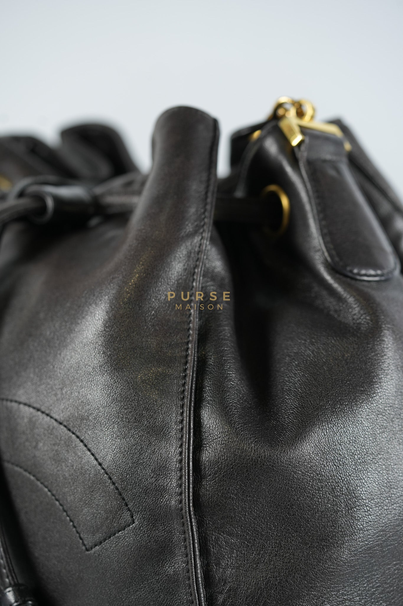 Lambskin CC Stitched Drawstring Bucket Bag in Gold Hardware Series 7 | Purse Maison Luxury Bags Shop