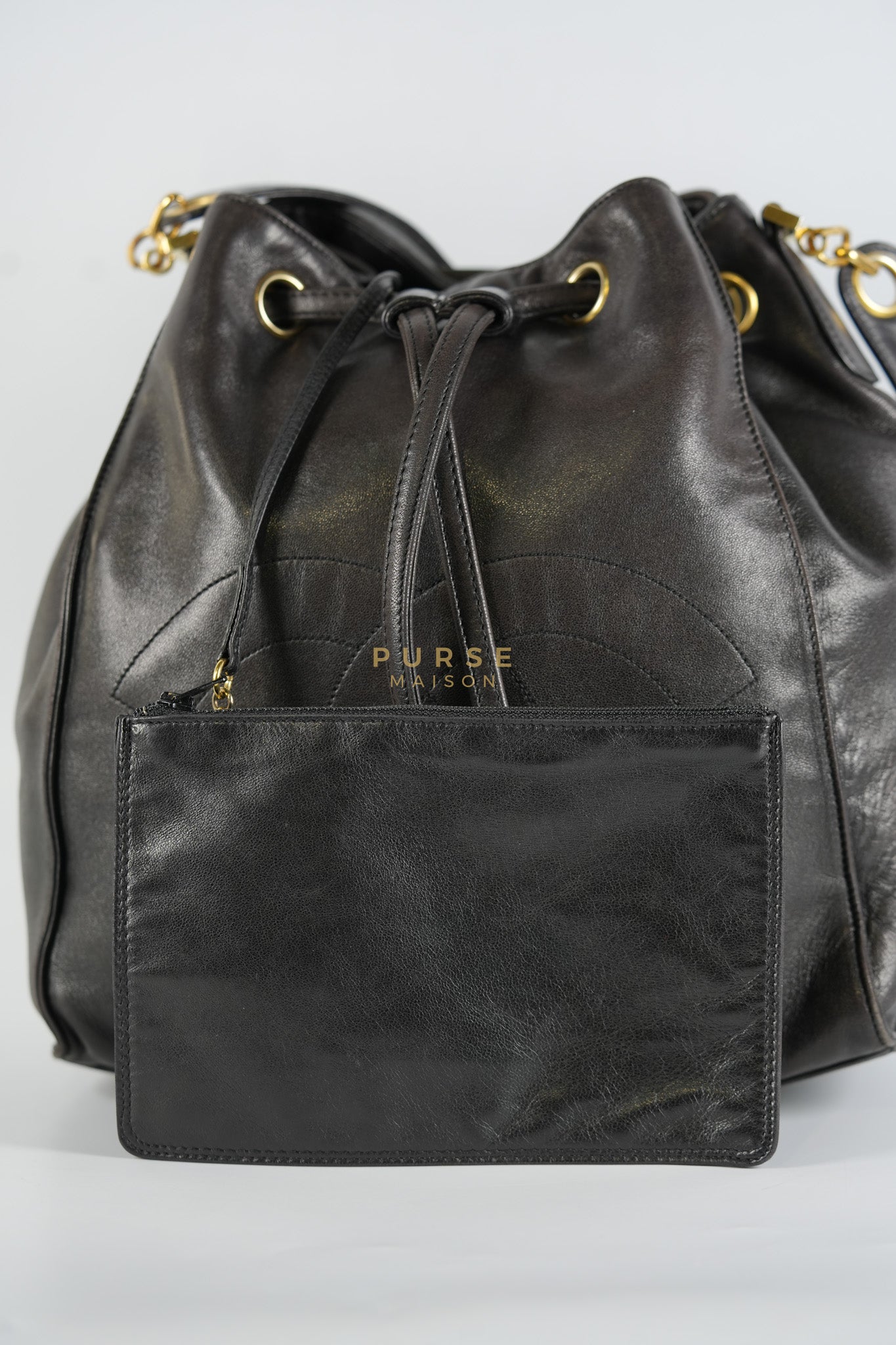 Lambskin CC Stitched Drawstring Bucket Bag in Gold Hardware Series 7 | Purse Maison Luxury Bags Shop