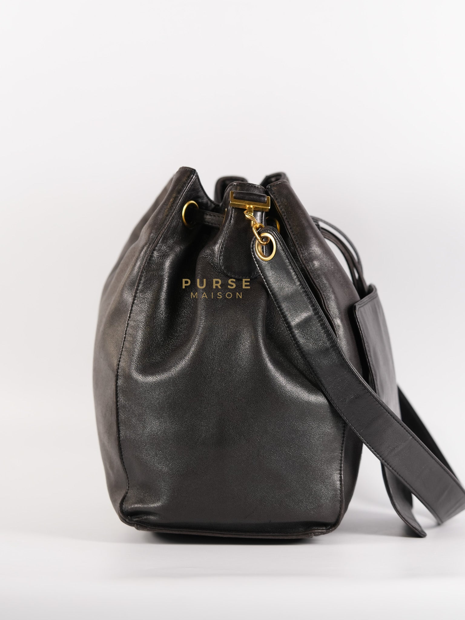 Lambskin CC Stitched Drawstring Bucket Bag in Gold Hardware Series 7 | Purse Maison Luxury Bags Shop