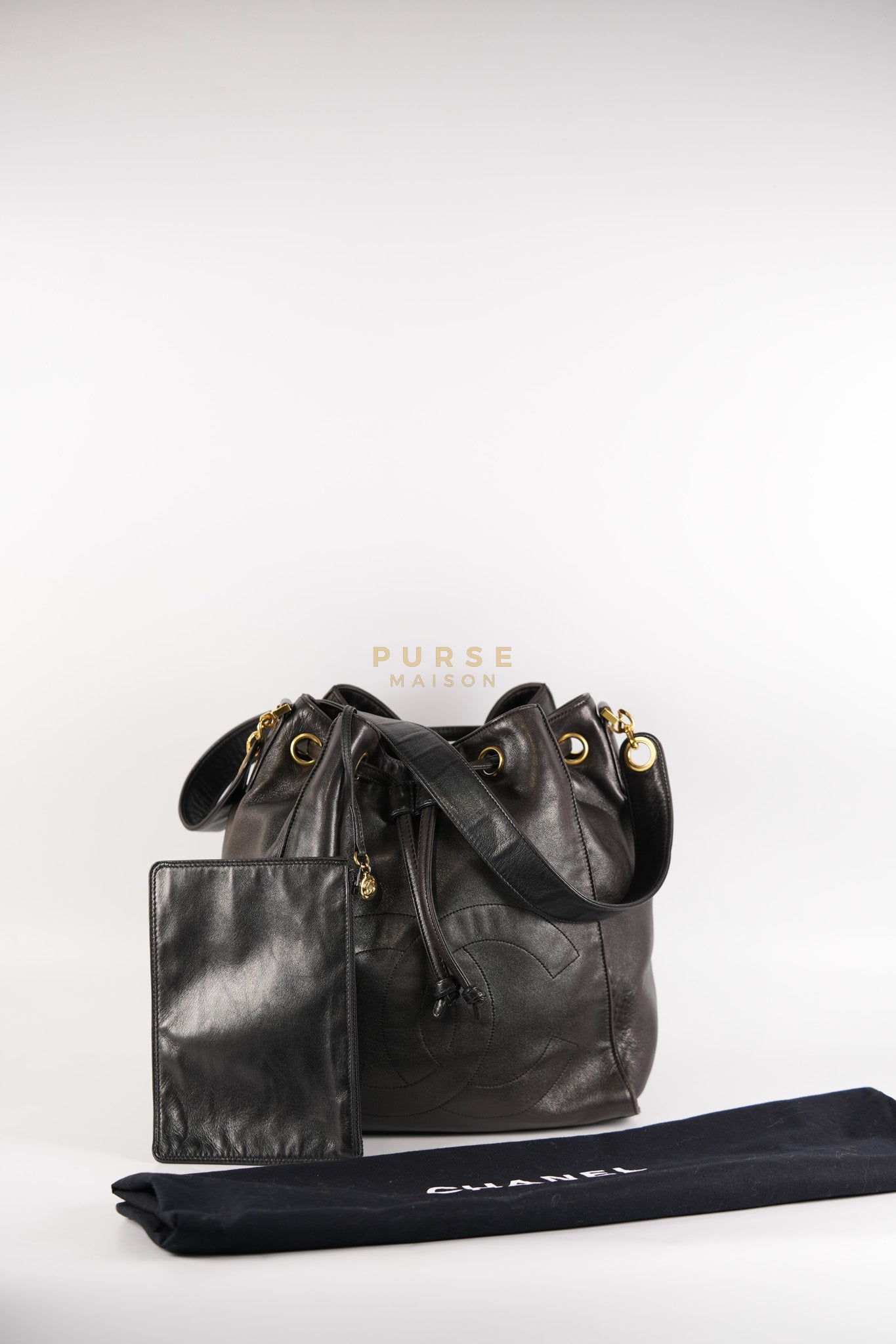 Lambskin CC Stitched Drawstring Bucket Bag in Gold Hardware Series 7 | Purse Maison Luxury Bags Shop