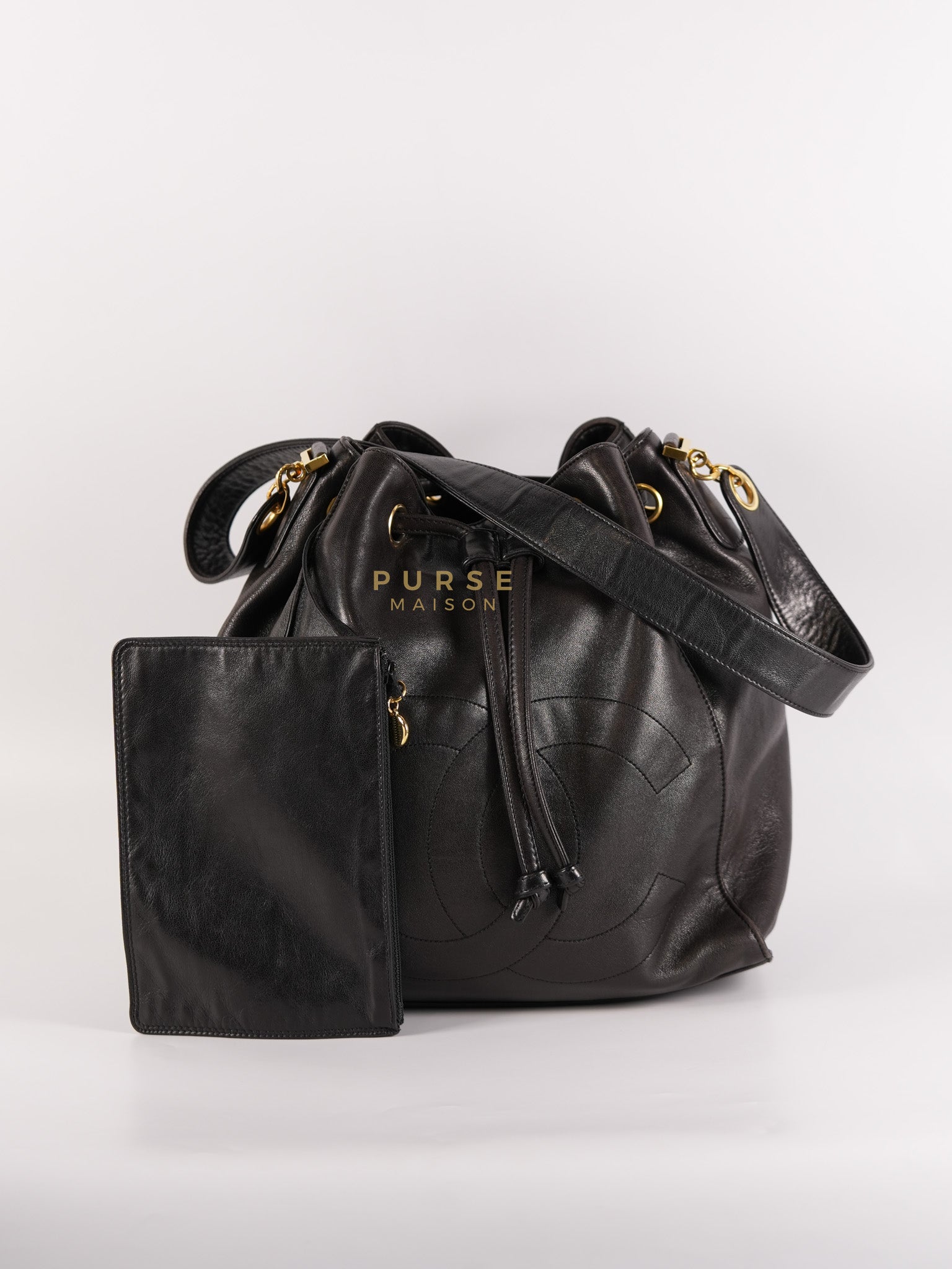 Lambskin CC Stitched Drawstring Bucket Bag in Gold Hardware Series 7 | Purse Maison Luxury Bags Shop