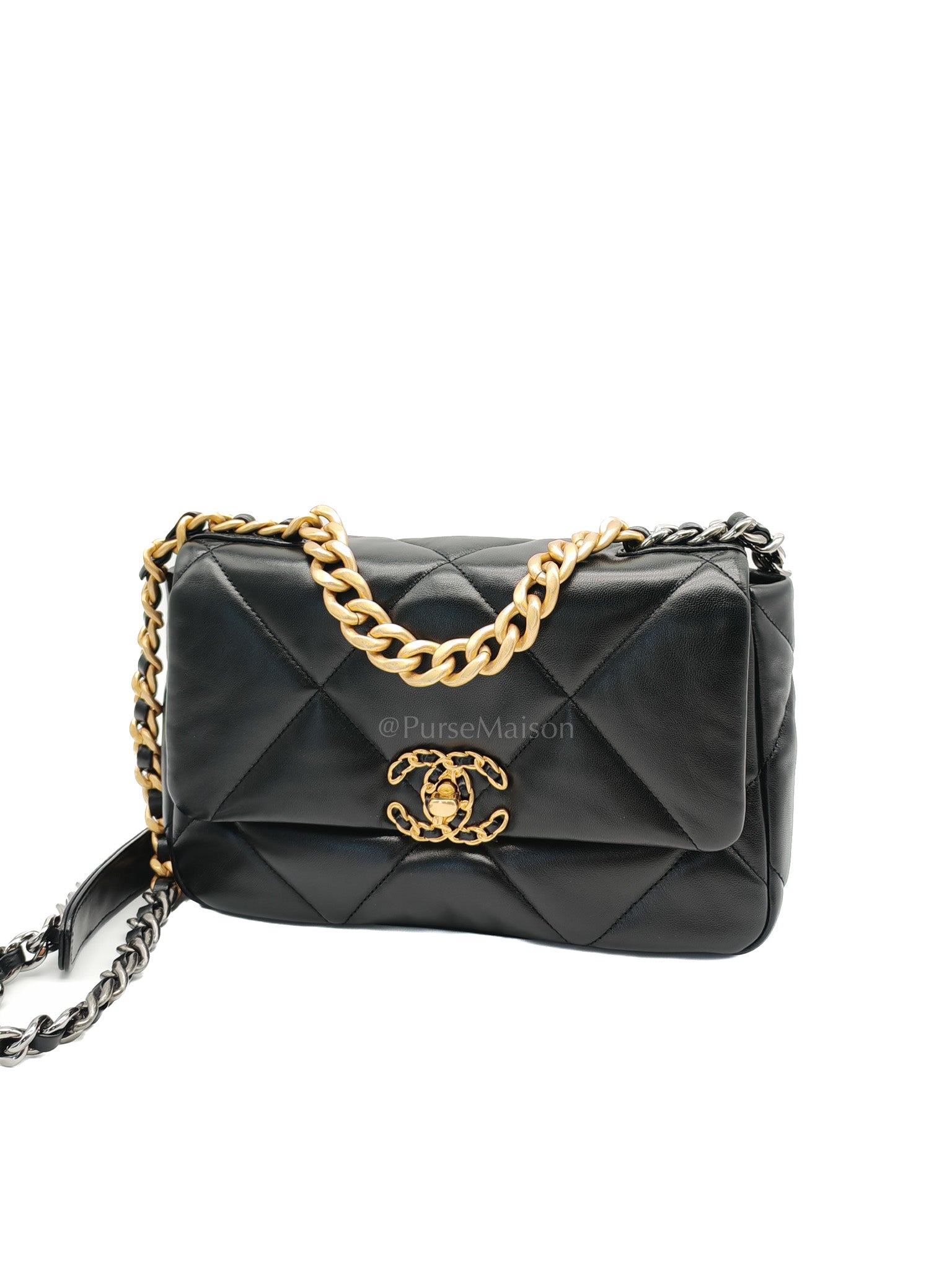 19 Small in Black Quilted Shiny Lambskin & Mix Hardware Microchip