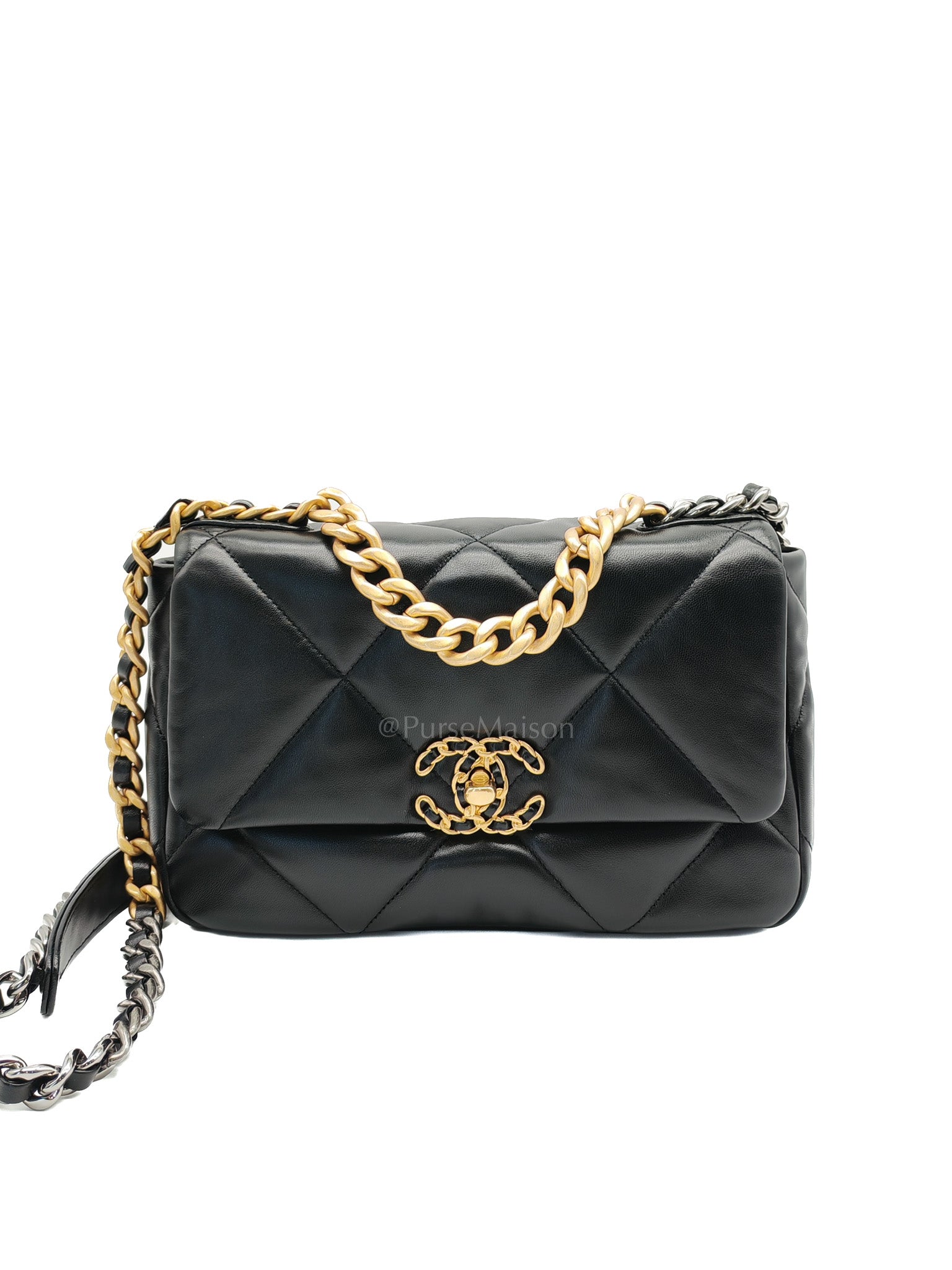 19 Small in Black Quilted Shiny Lambskin & Mix Hardware Microchip