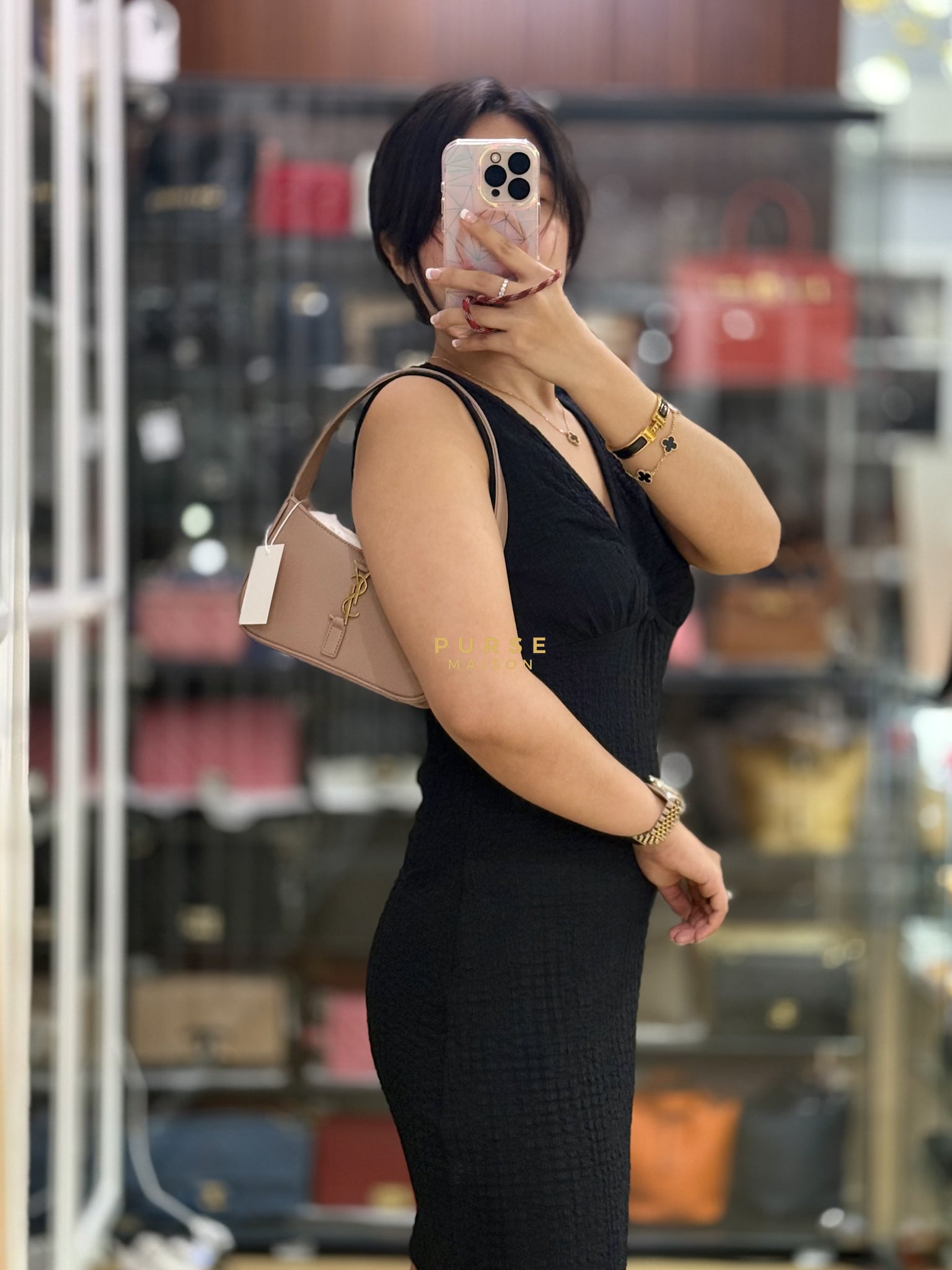 Le 5 A 7 Mini Hobo Shoulder Gold Hardware Bag in Dark Beige | Purse Maison Luxury Bags Shop