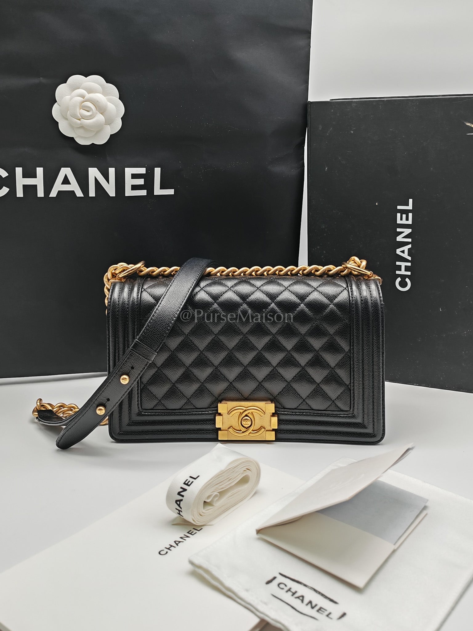 Le Boy Medium in Black Caviar Leather & Aged Gold Hardware (Microchip) | Purse Maison Luxury Bags Shop