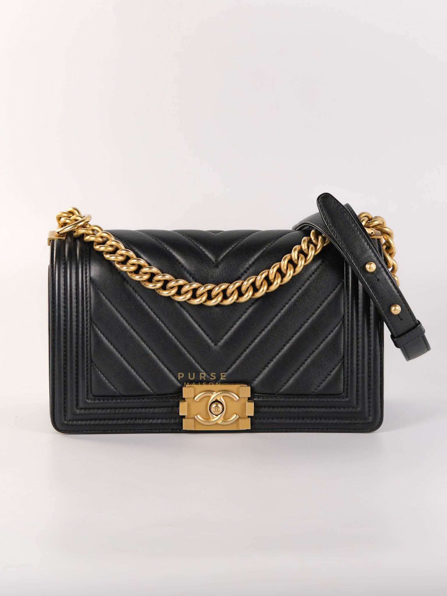 Le Boy Medium in Black Chevron Quilted Leather & Aged Gold Hardware(Series 24) | Purse Maison Luxury Bags Shop