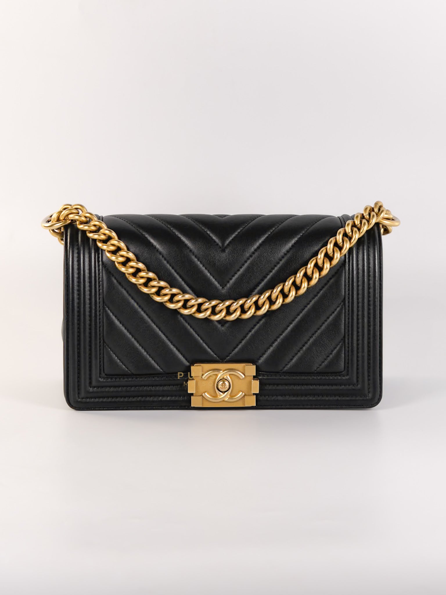 Le Boy Medium in Black Chevron Quilted Leather & Aged Gold Hardware(Series 24) | Purse Maison Luxury Bags Shop