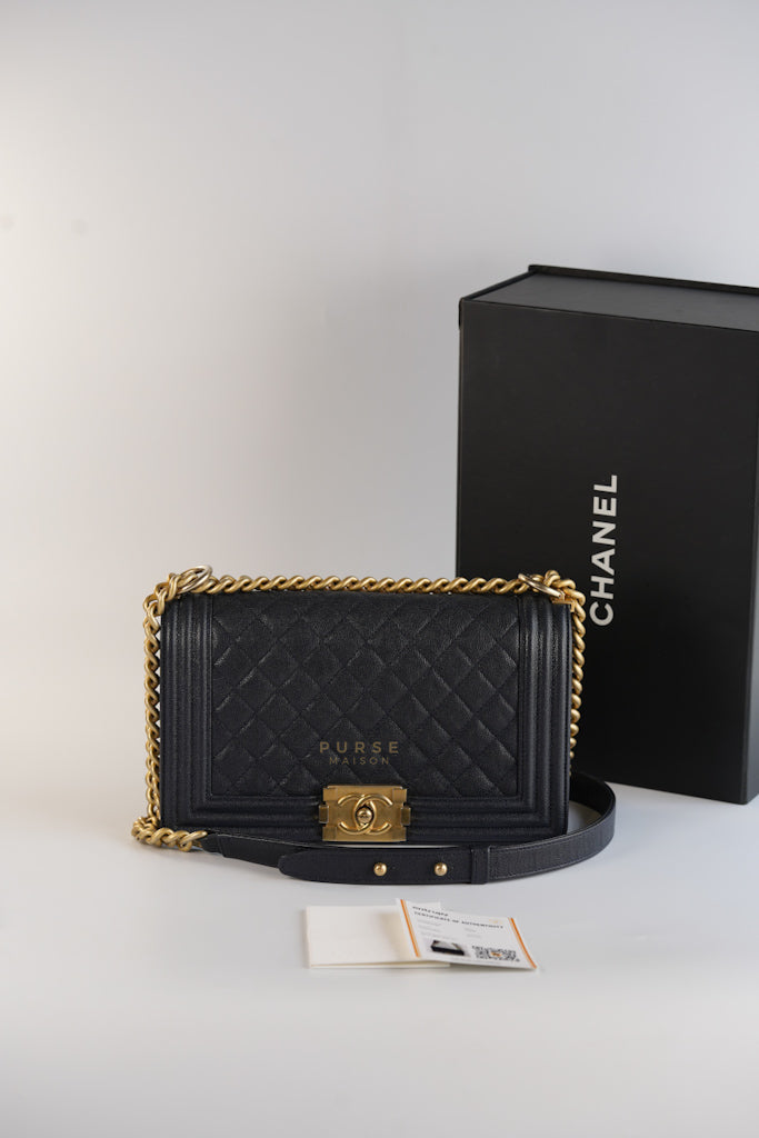 Le Boy Medium in Navy Blue Caviar Leather Aged Gold Hardware(Series 27) | Purse Maison Luxury Bags Shop