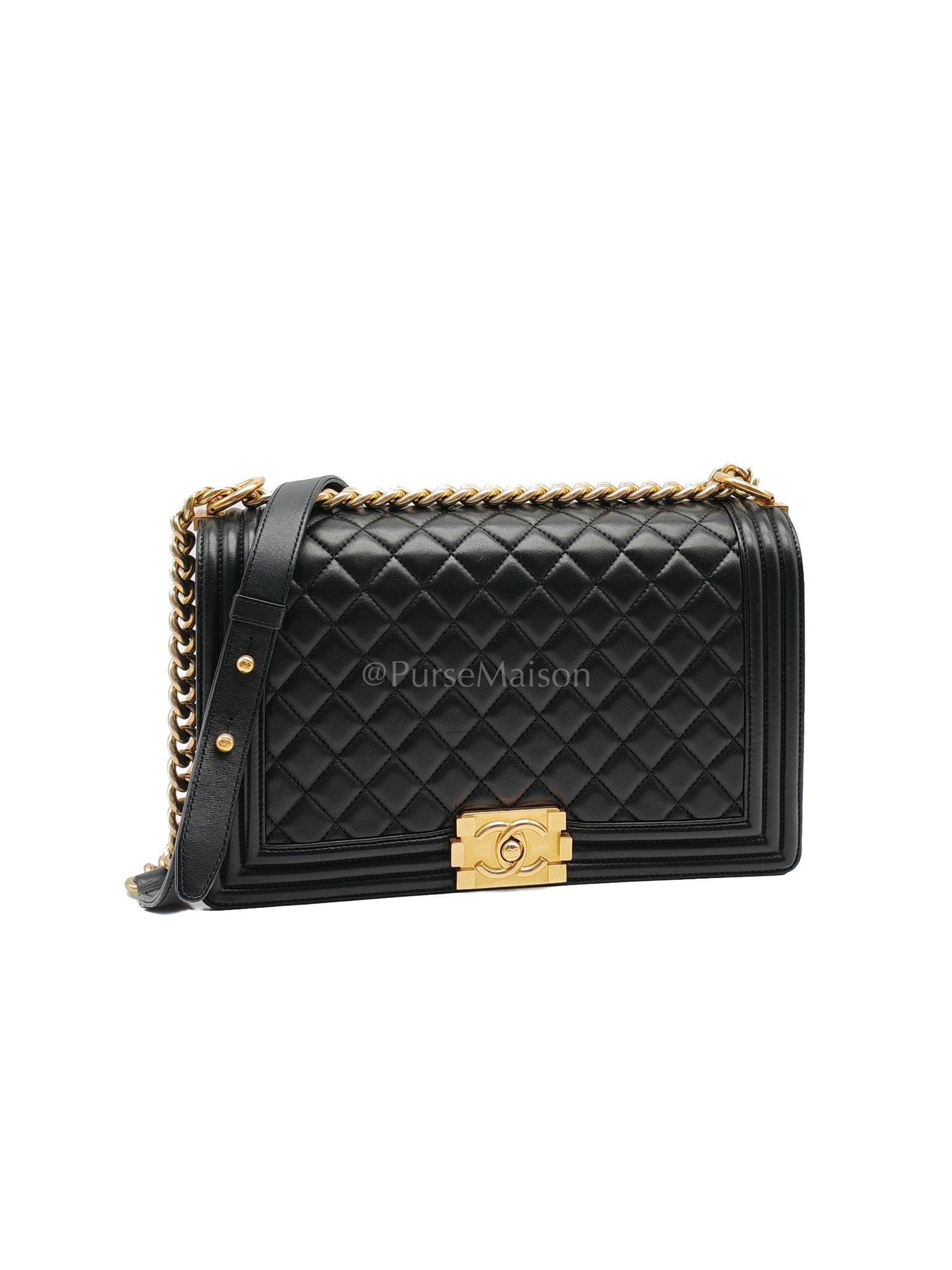 Le Boy New Medium Black Lambskin Leather in Aged Gold Hardware (Series 23) | Purse Maison Luxury Bags Shop