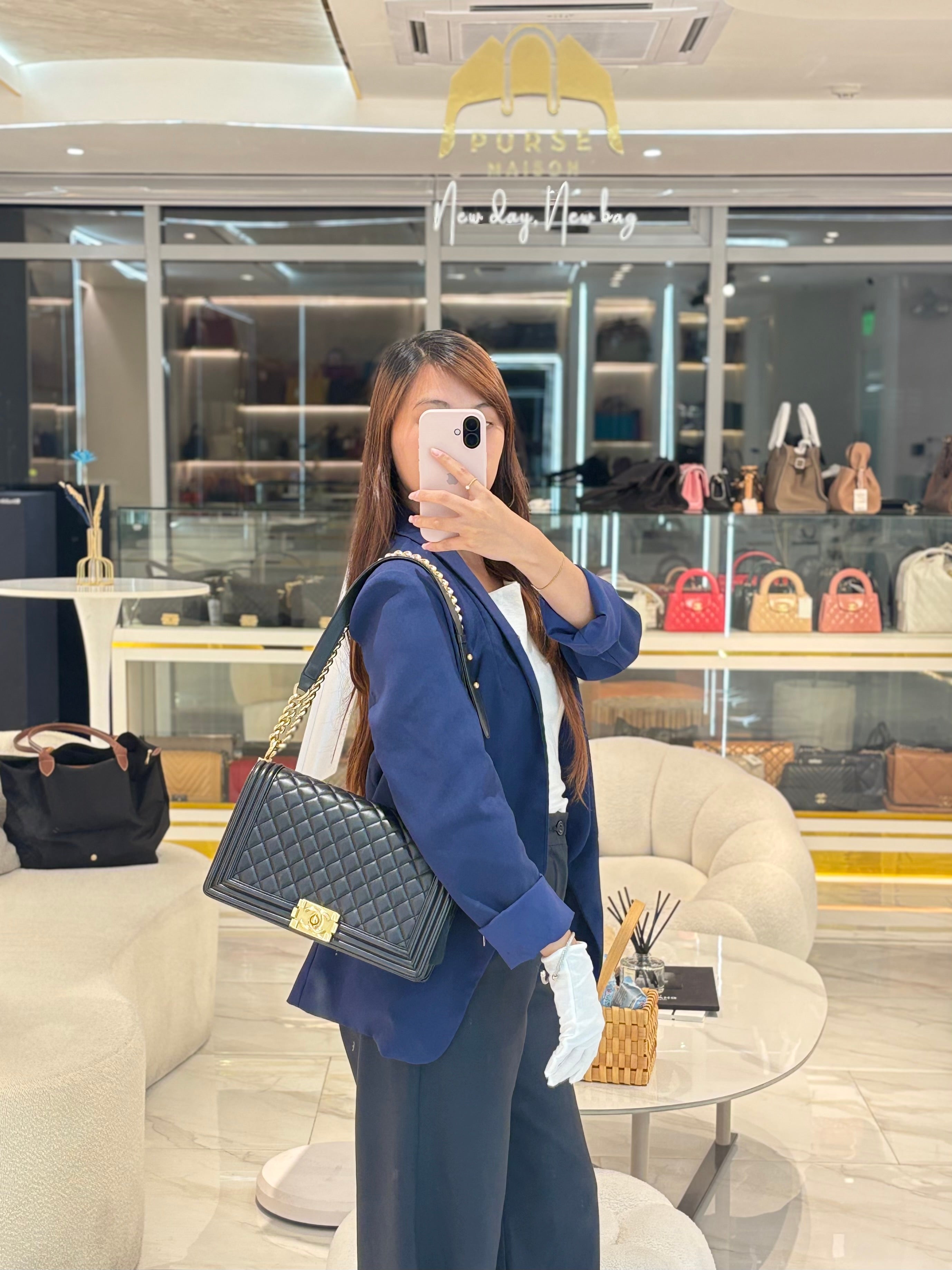 Le Boy New Medium Black Lambskin Leather in Aged Gold Hardware (Series 23) | Purse Maison Luxury Bags Shop