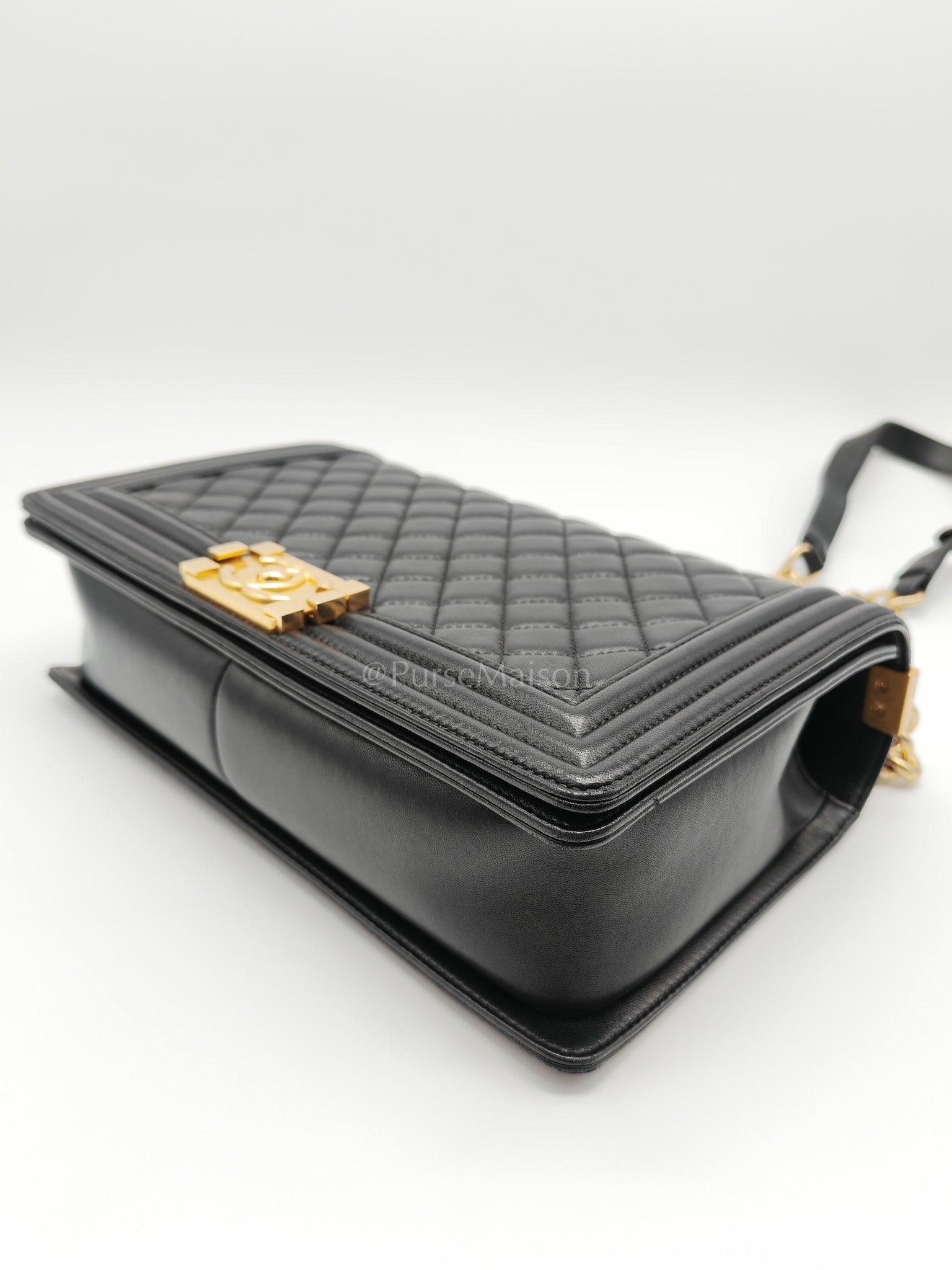 Le Boy New Medium Black Lambskin Leather in Aged Gold Hardware (Series 23) | Purse Maison Luxury Bags Shop