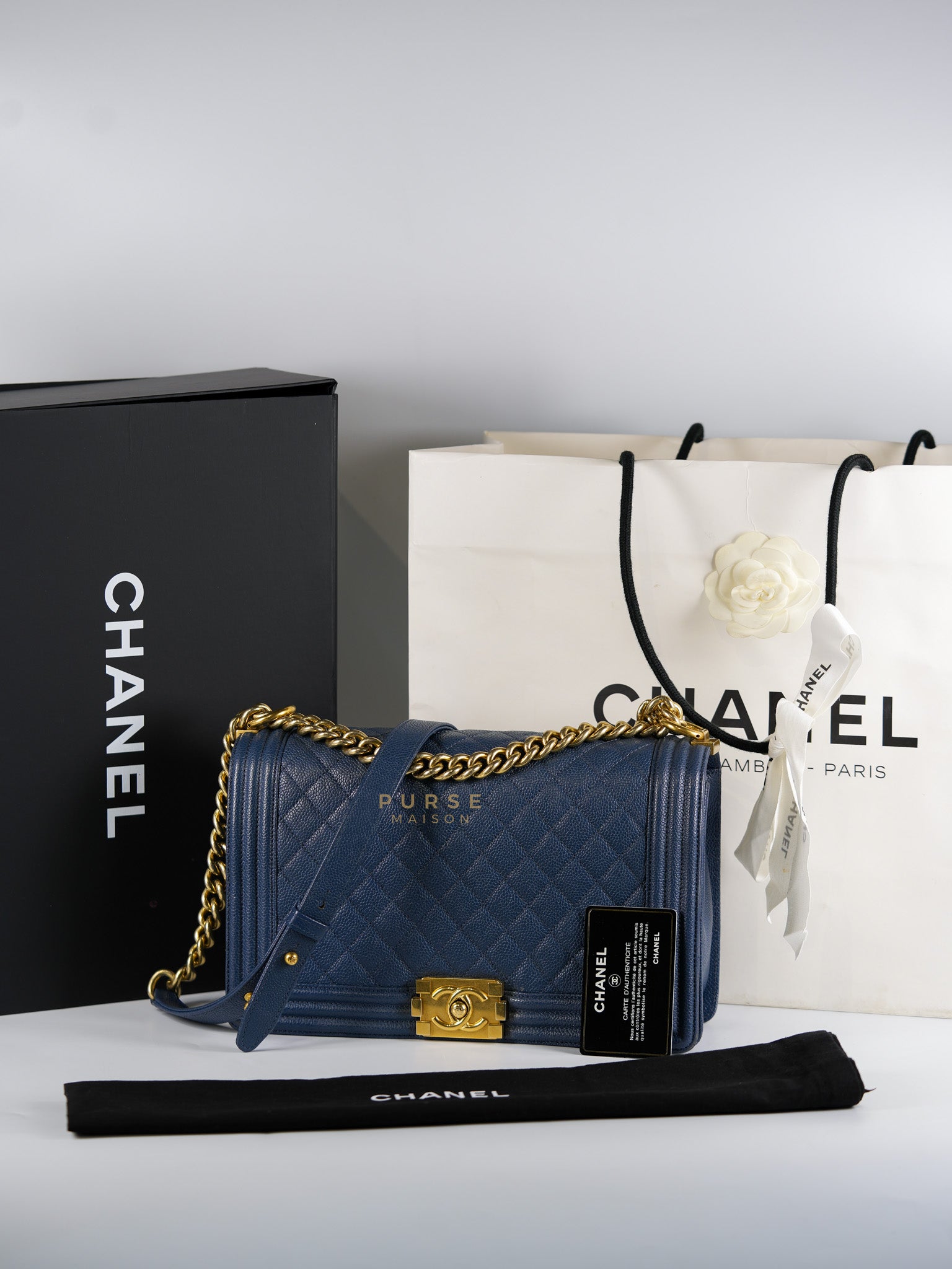 Le Boy New Medium in Navy Blue Quilted Caviar Leather Gold Hardware Series 23 | Purse Maison Luxury Bags Shop