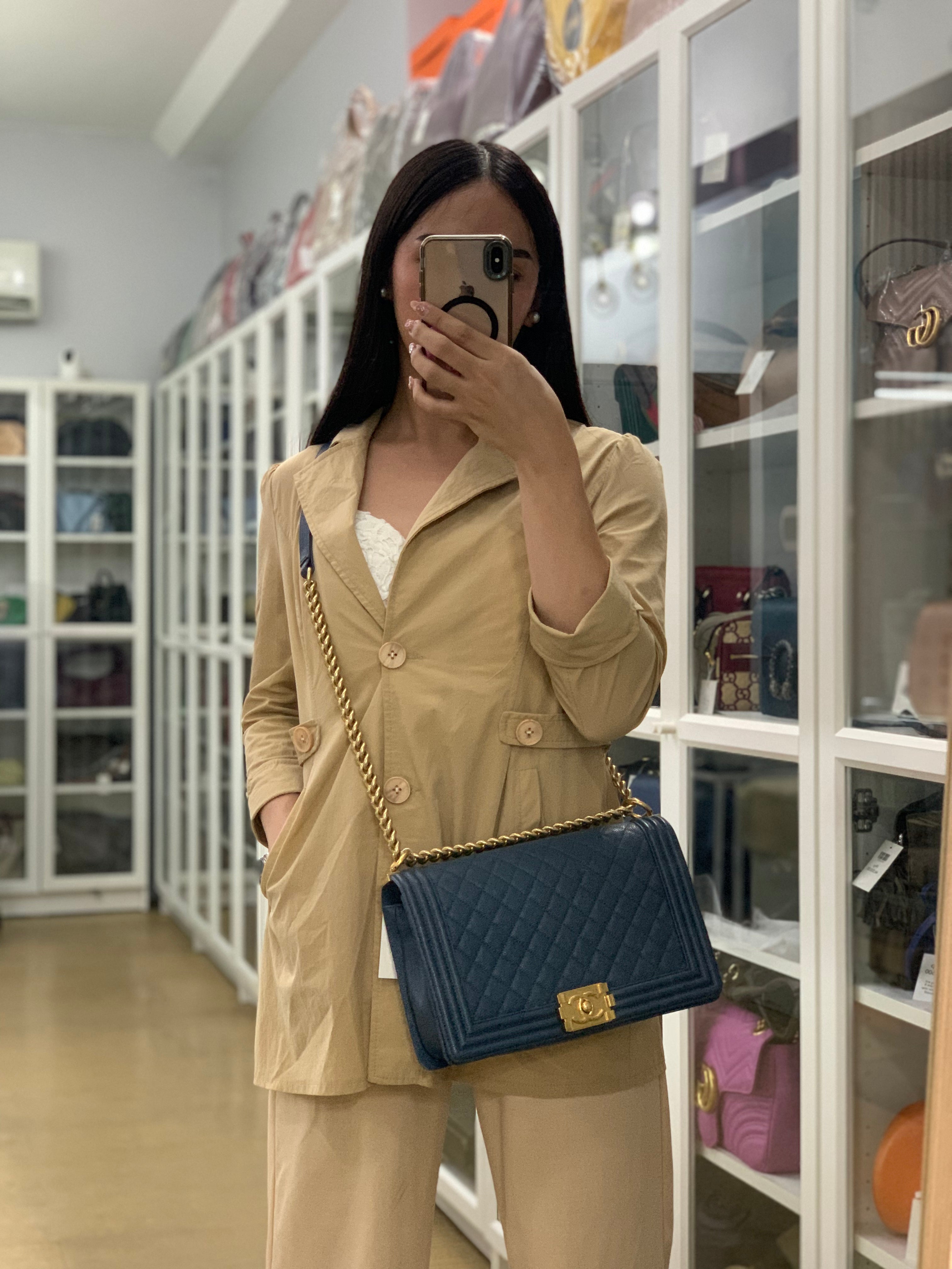 Le Boy New Medium in Navy Blue Quilted Caviar Leather Aged Gold Hardware Series 23 | Purse Maison Luxury Bags Shop