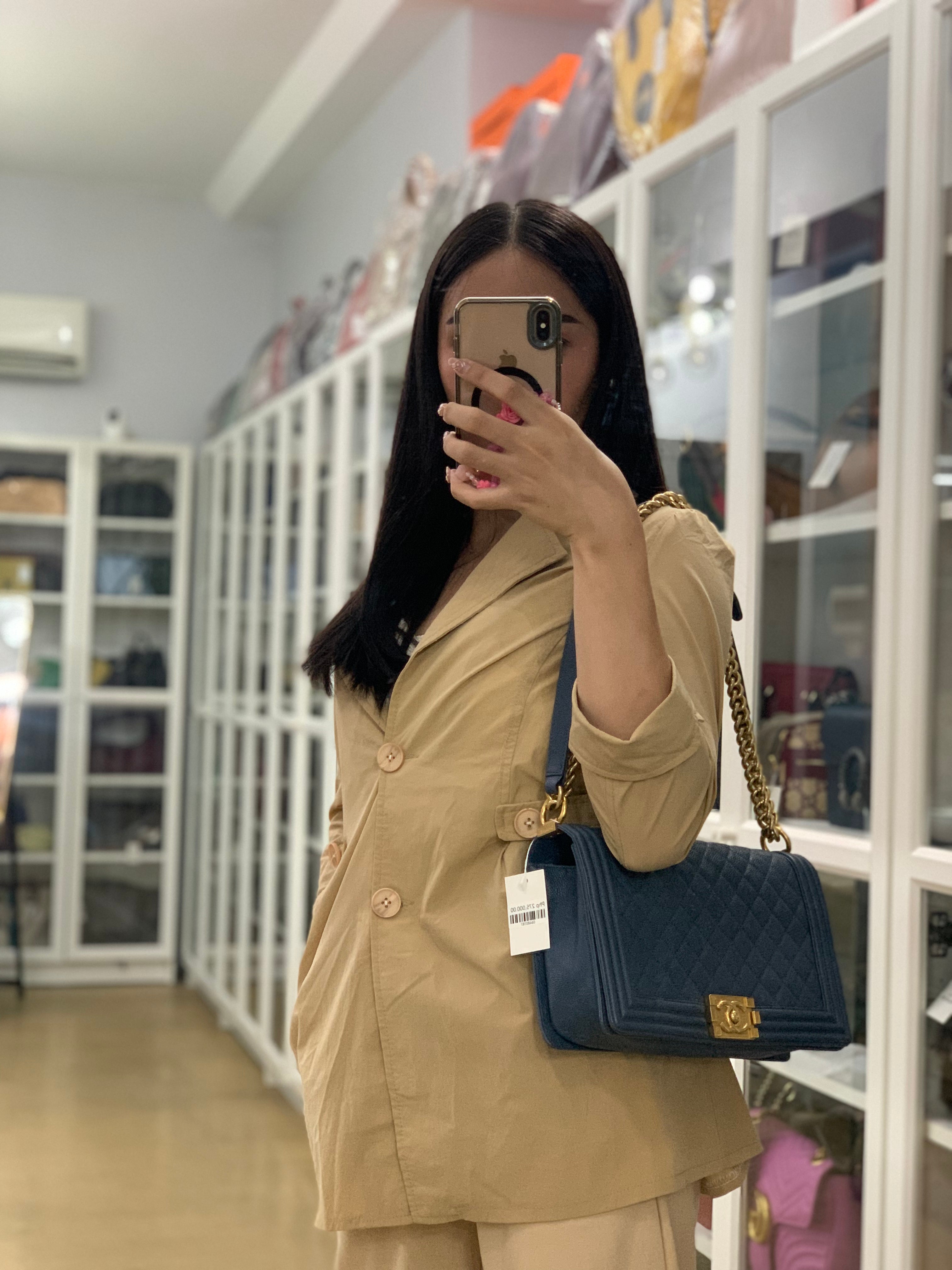 Le Boy New Medium in Navy Blue Quilted Caviar Leather Aged Gold Hardware Series 23 | Purse Maison Luxury Bags Shop