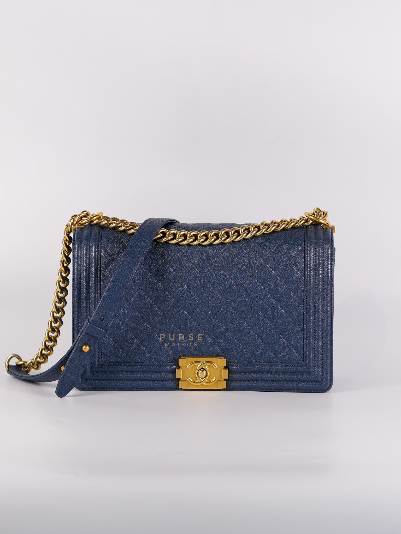 Le Boy New Medium in Navy Blue Quilted Caviar Leather Aged Gold Hardwa