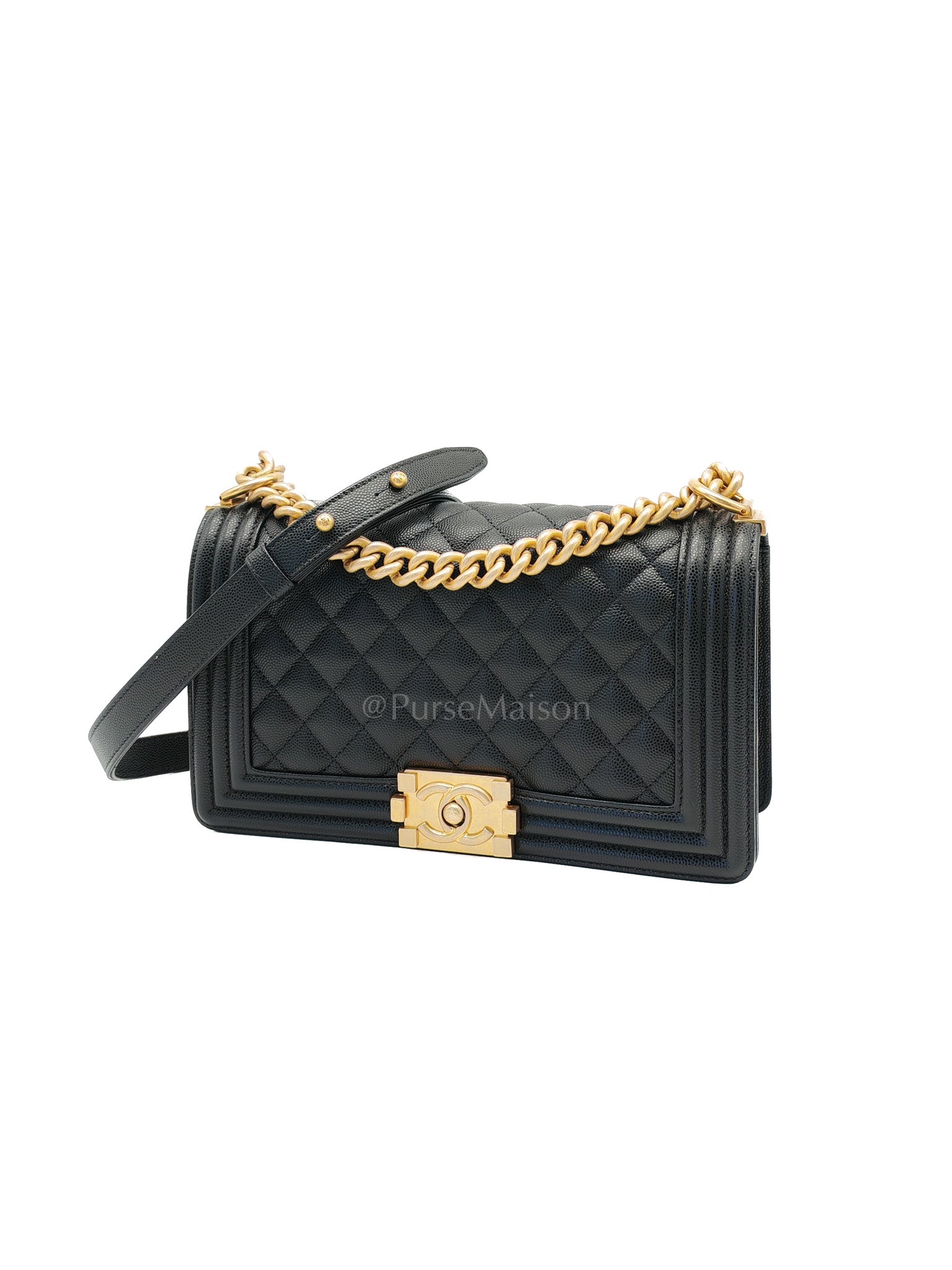 Le Boy Old Medium Black Caviar Leather in Aged Gold Hardware Microchip(N9****9E) | Purse Maison Luxury Bags Shop